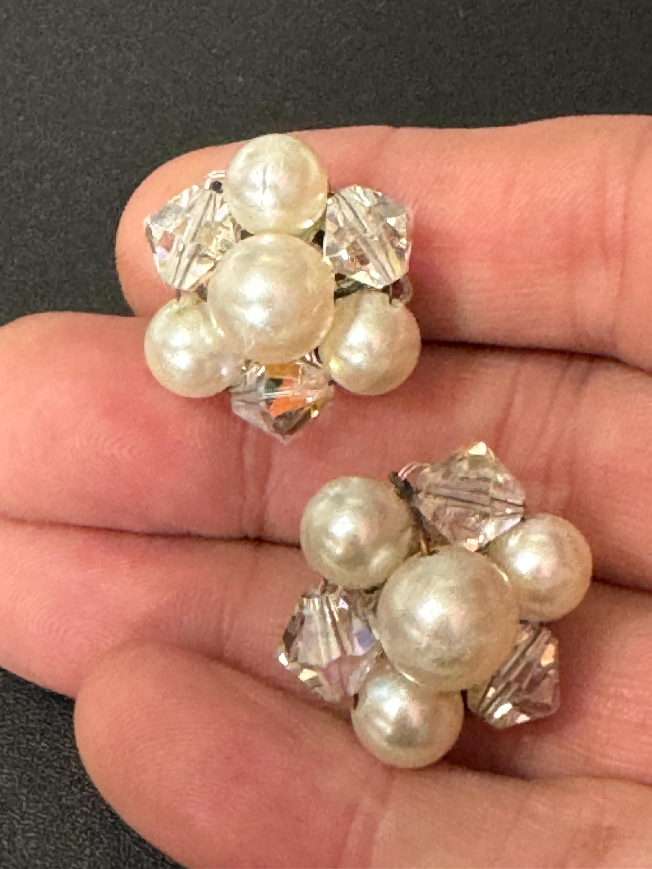 Small Vintage 1950s rainbow AB glass faux Pearl beaded Cluster Clip On Earrings