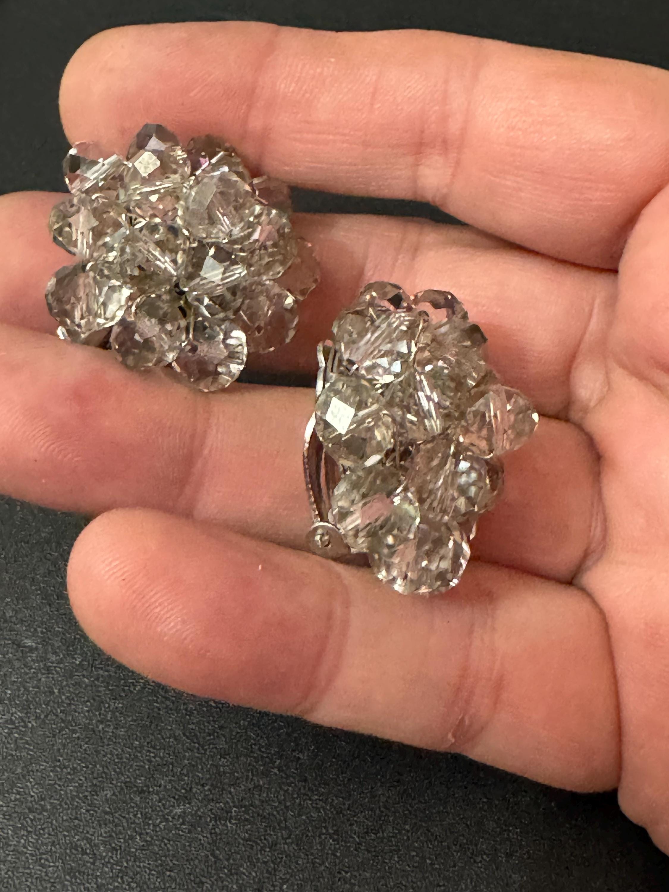 Vintage 1940s 1950s clear faceted glass beaded Cluster Clip On Earrings
