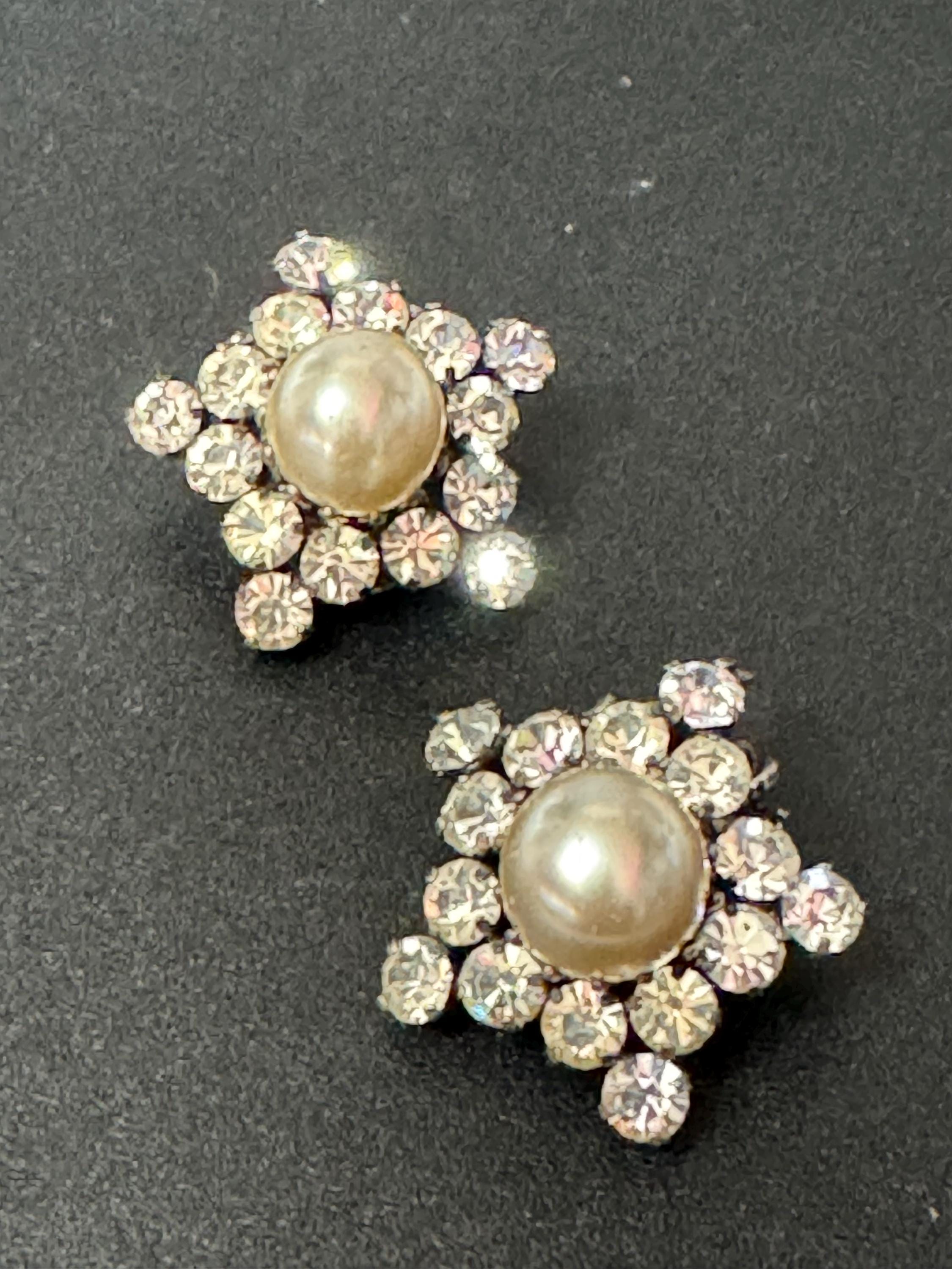 Faux pearl and clear diamanté paste Silver Tone Vintage Clip On Earrings