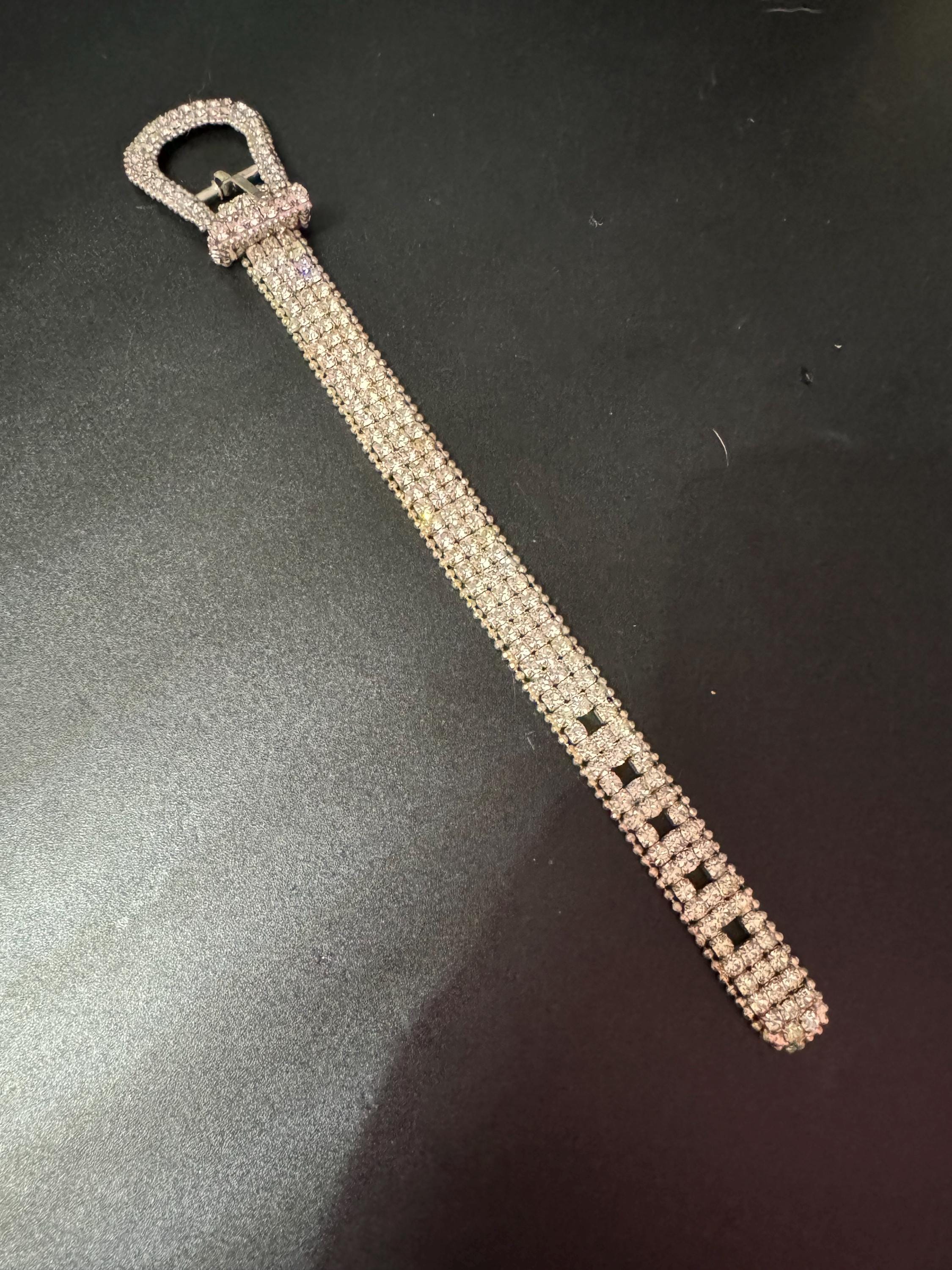 Vintage clear diamante rhinestone wide link belt buckle bracelet adjustable