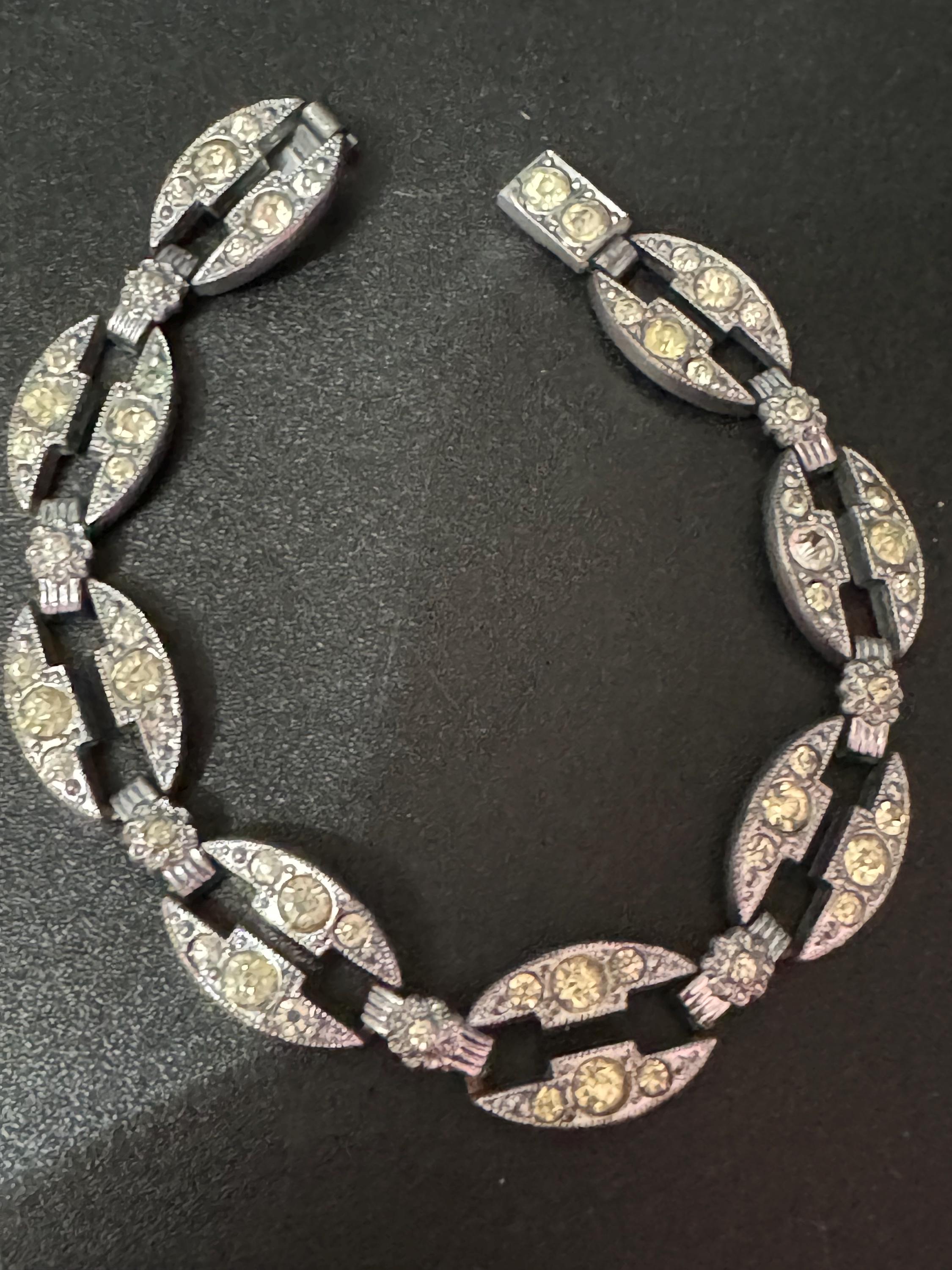 vintage Art Deco Chrome Back Paste Rhinestone Panel Link Bracelet 1940s