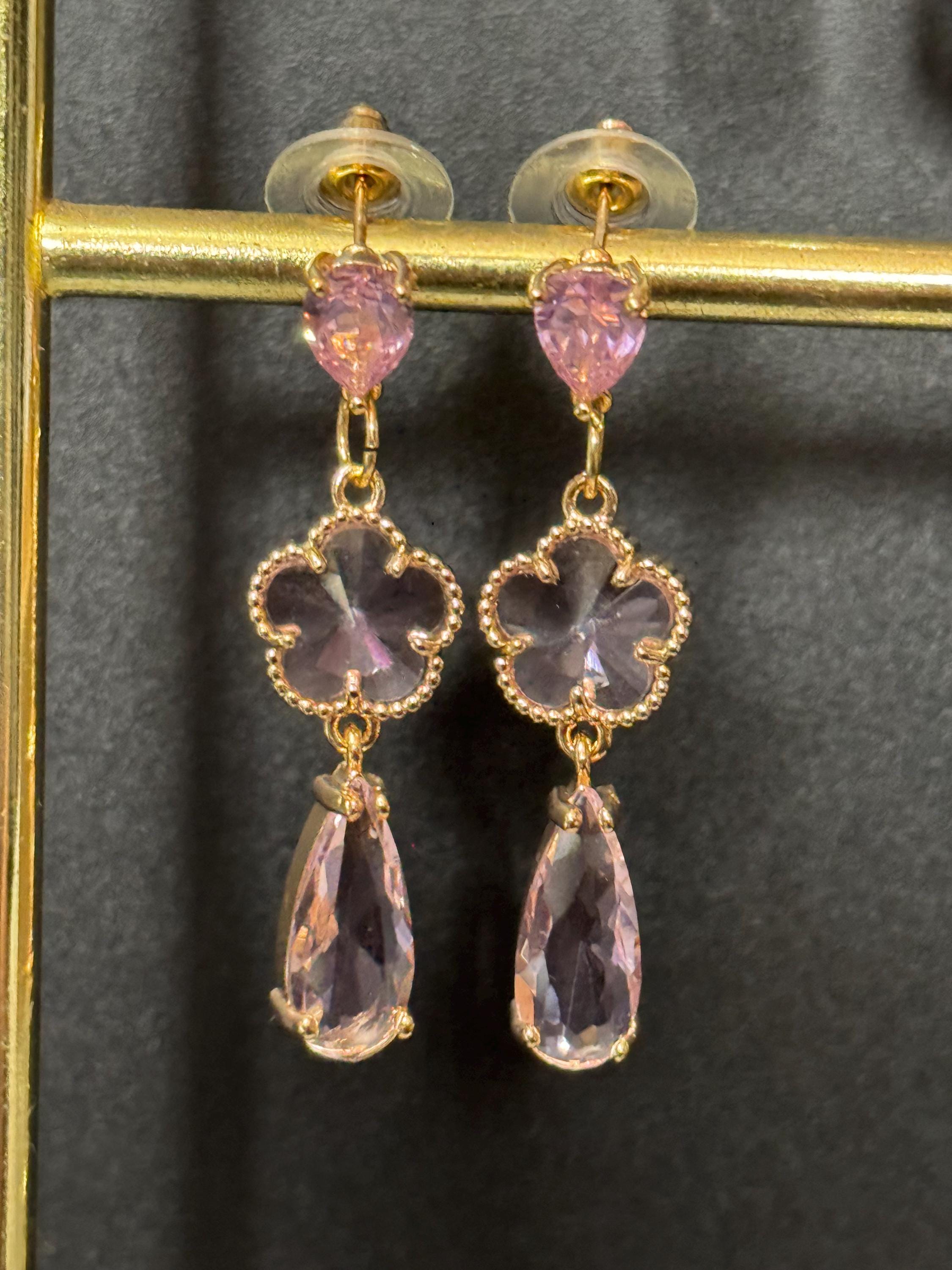 18k Gold plated pink crystal glass clear teardrop long drop clover earrings