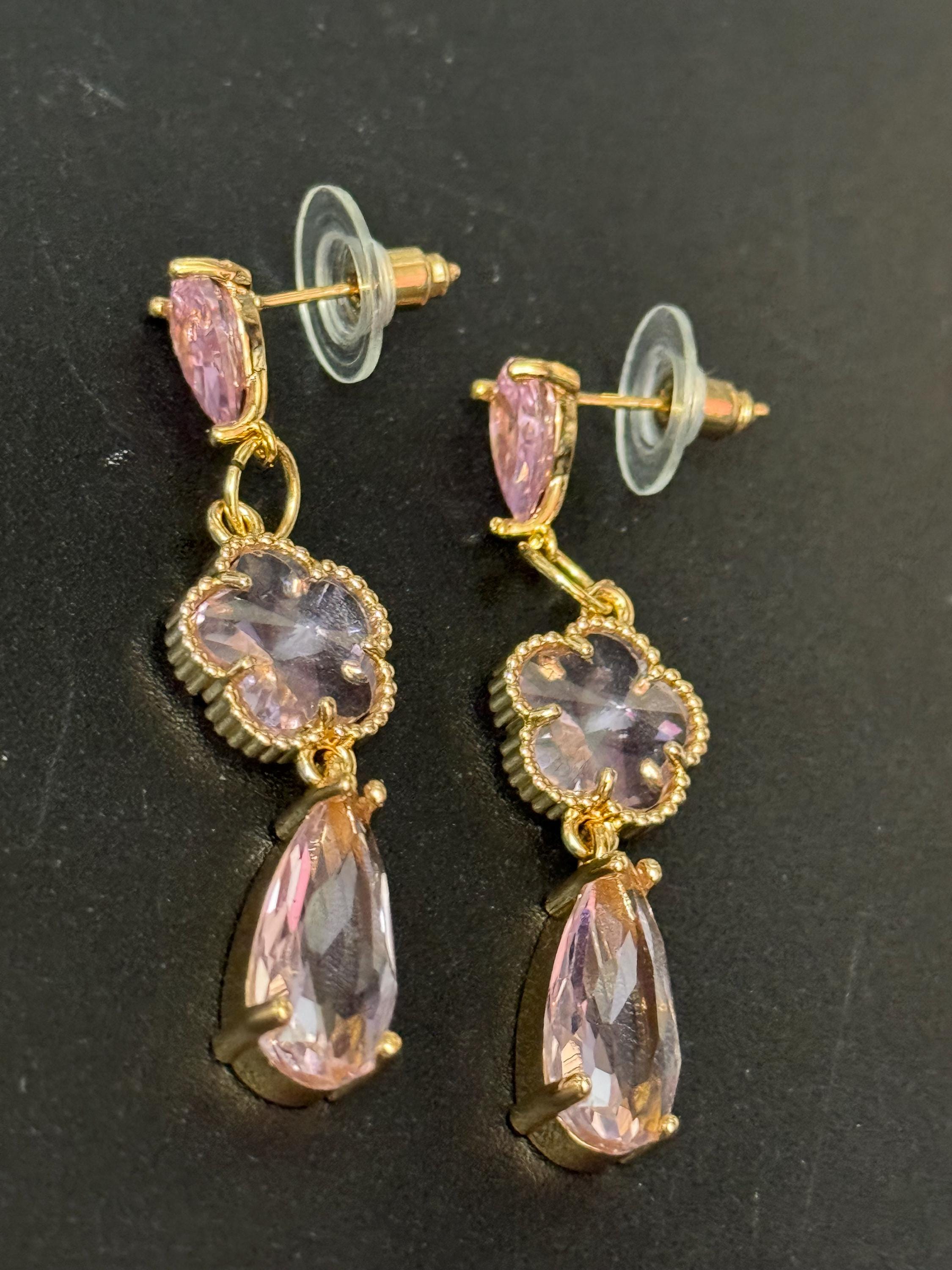 18k Gold plated pink crystal glass clear teardrop long drop clover earrings