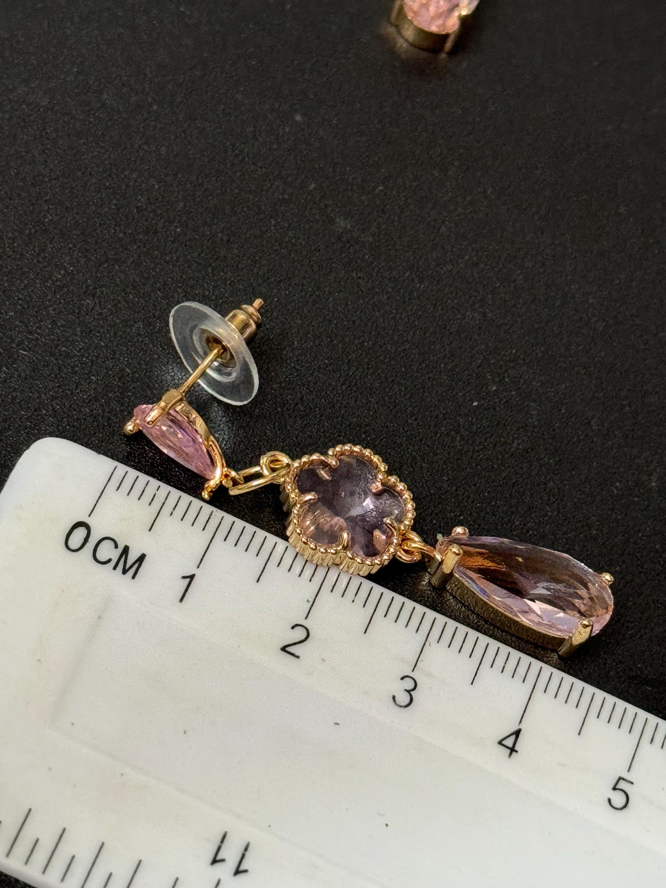 18k Gold plated pink crystal glass clear teardrop long drop clover earrings