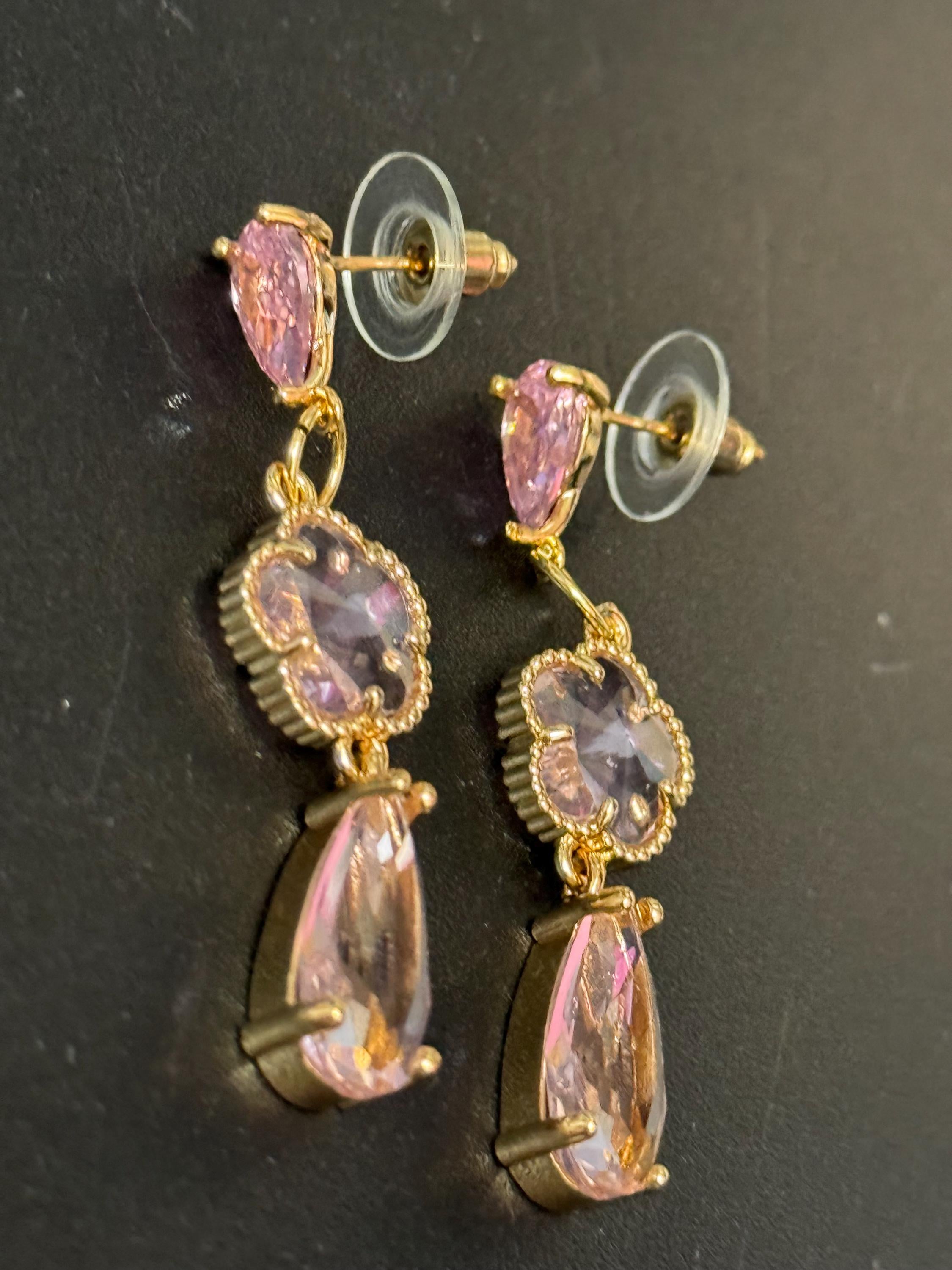 18k Gold plated pink crystal glass clear teardrop long drop clover earrings