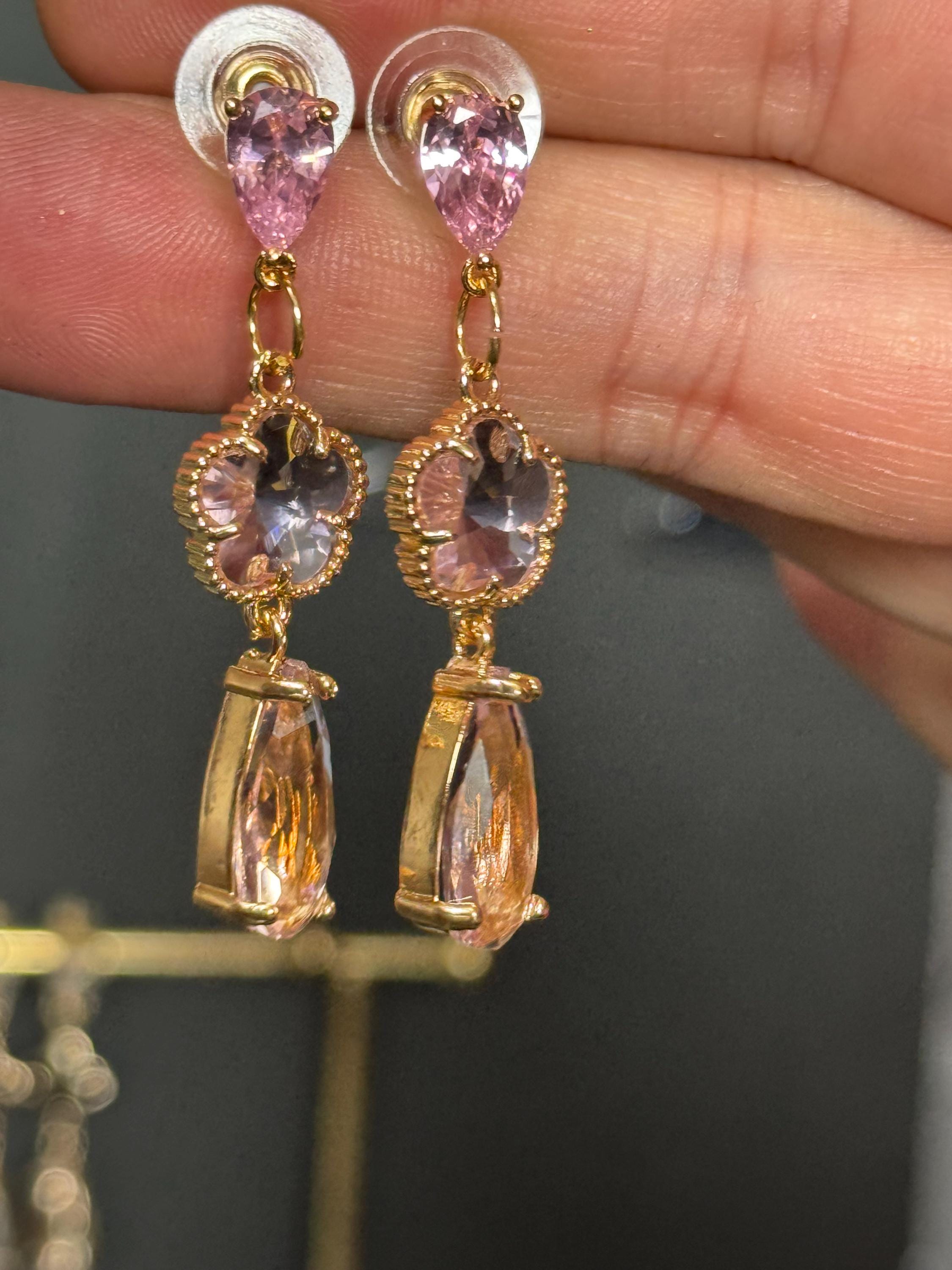 18k Gold plated pink crystal glass clear teardrop long drop clover earrings