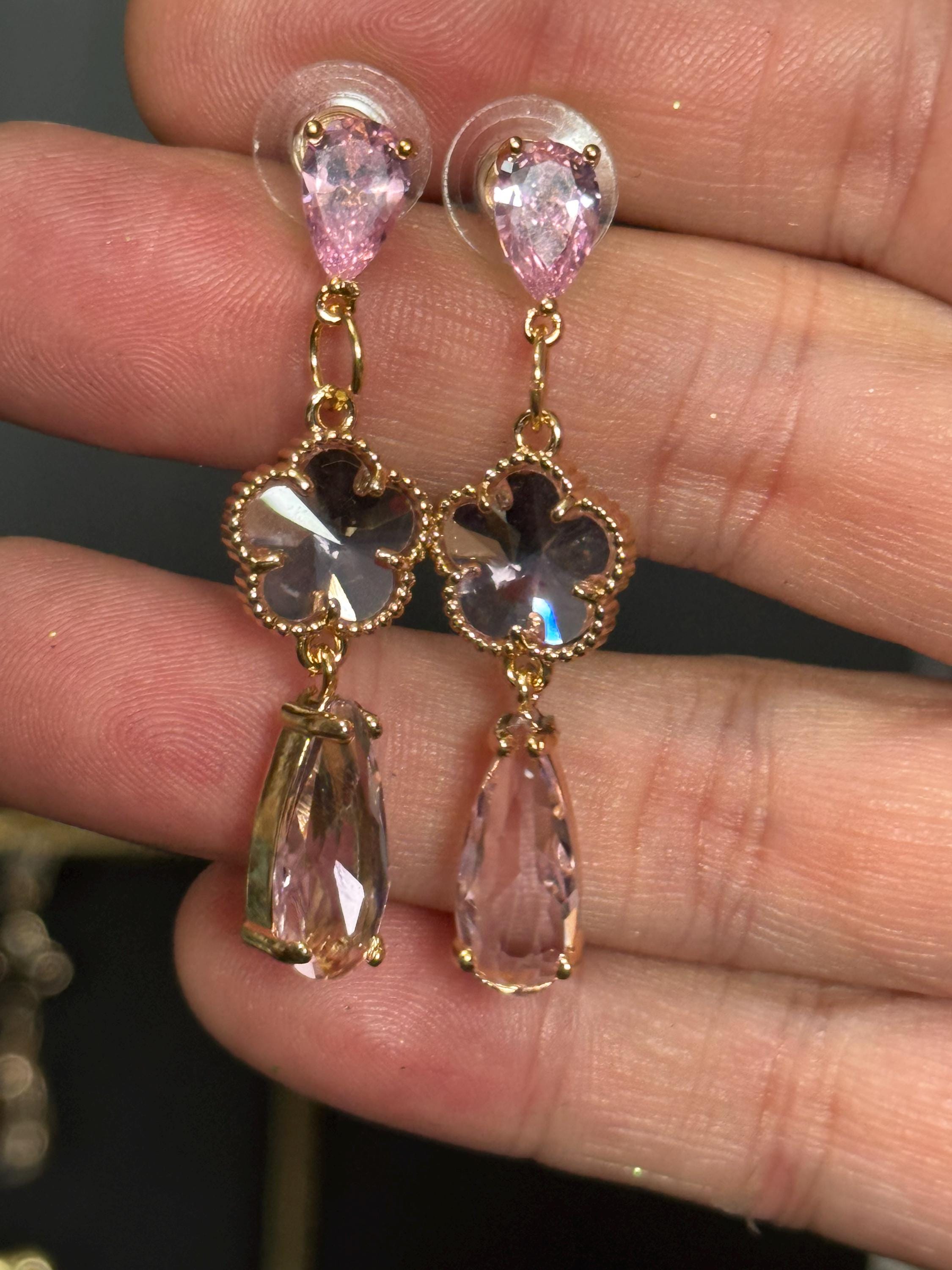 18k Gold plated pink crystal glass clear teardrop long drop clover earrings
