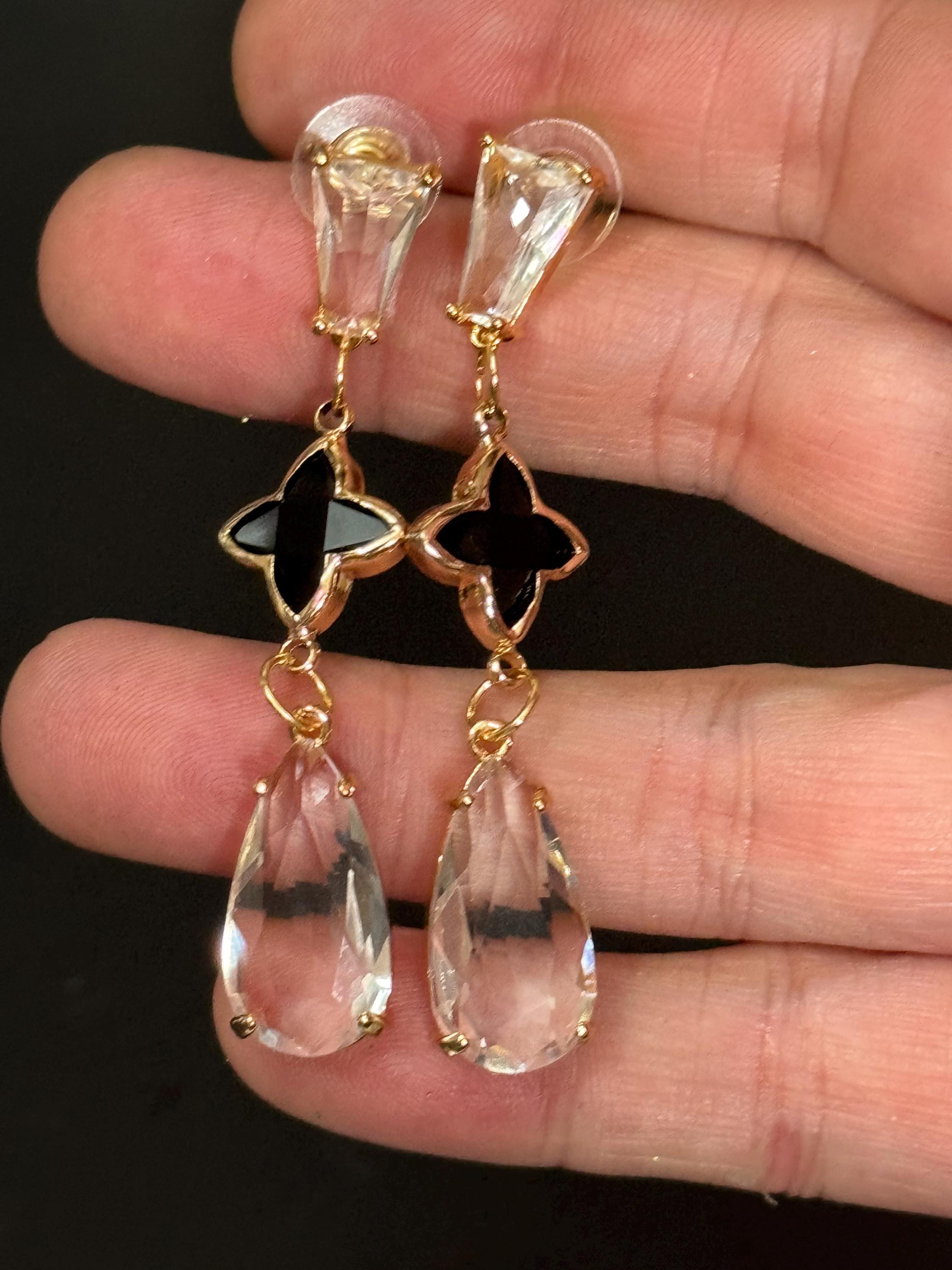 18k Gold plated clear and black crystal clover teardrop earrings