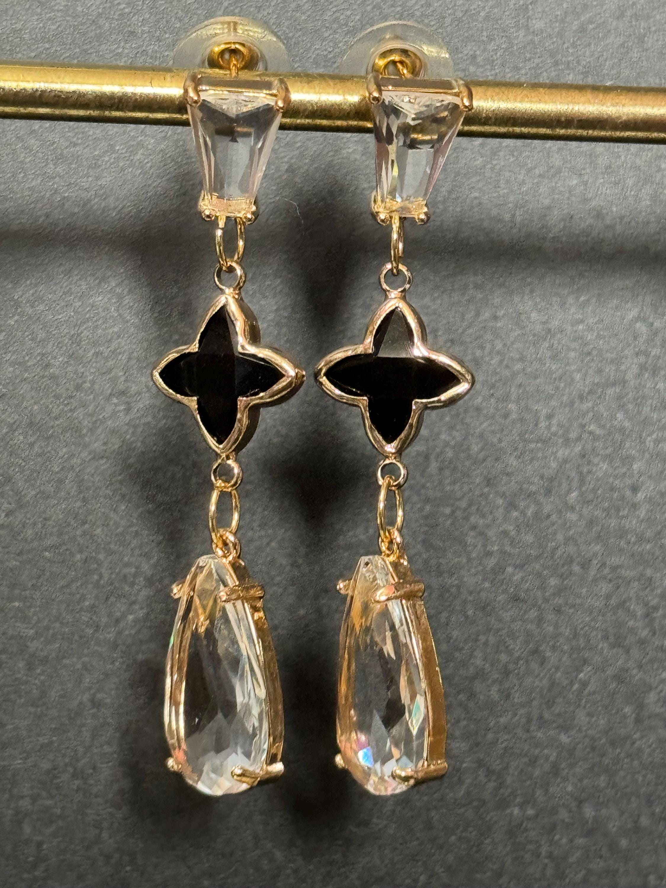 18k Gold plated clear and black crystal clover teardrop earrings