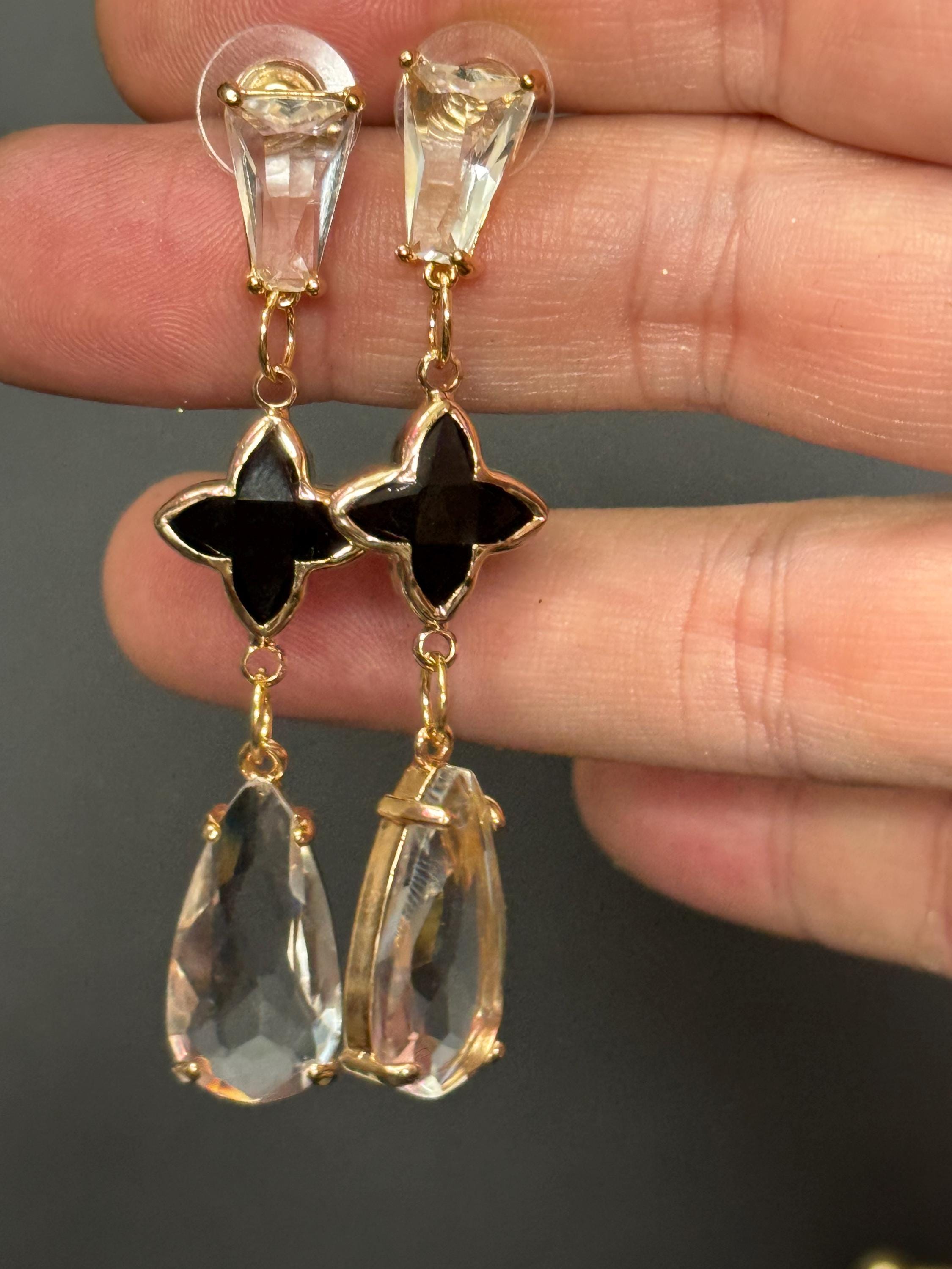 18k Gold plated clear and black crystal clover teardrop earrings