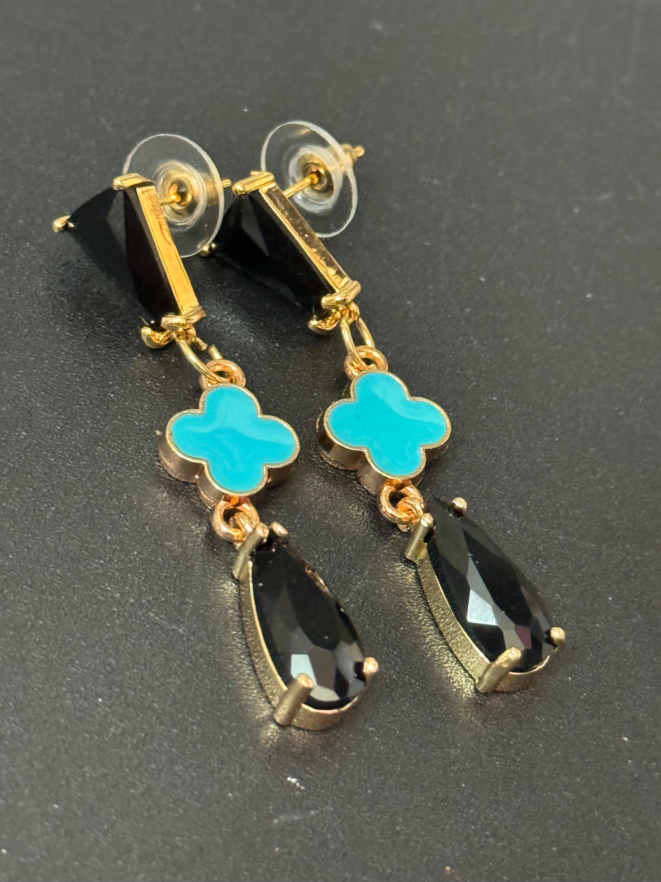 18k Gold plated black glass crystal turquoise clover teardrop earrings