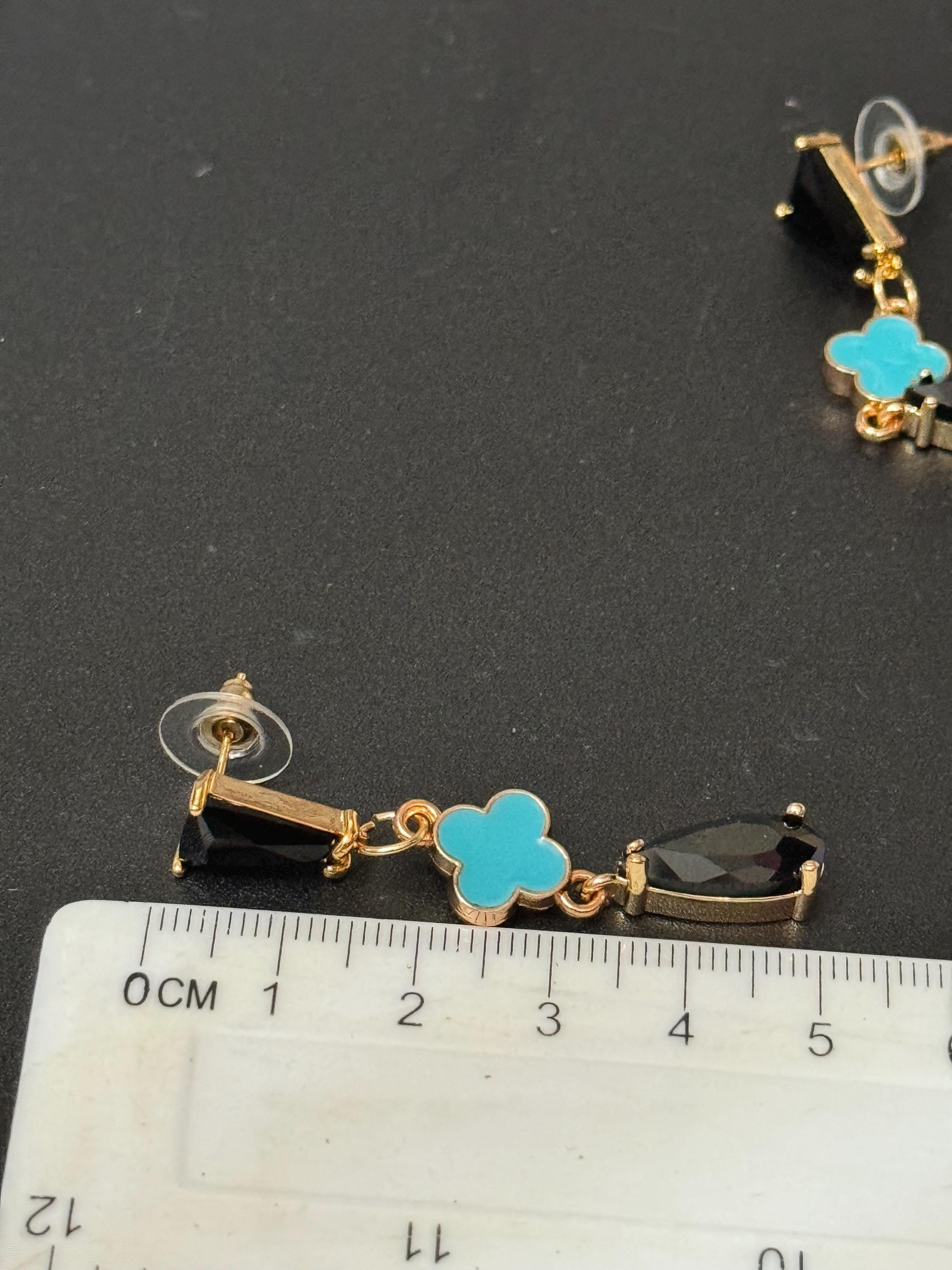18k Gold plated black glass crystal turquoise clover teardrop earrings
