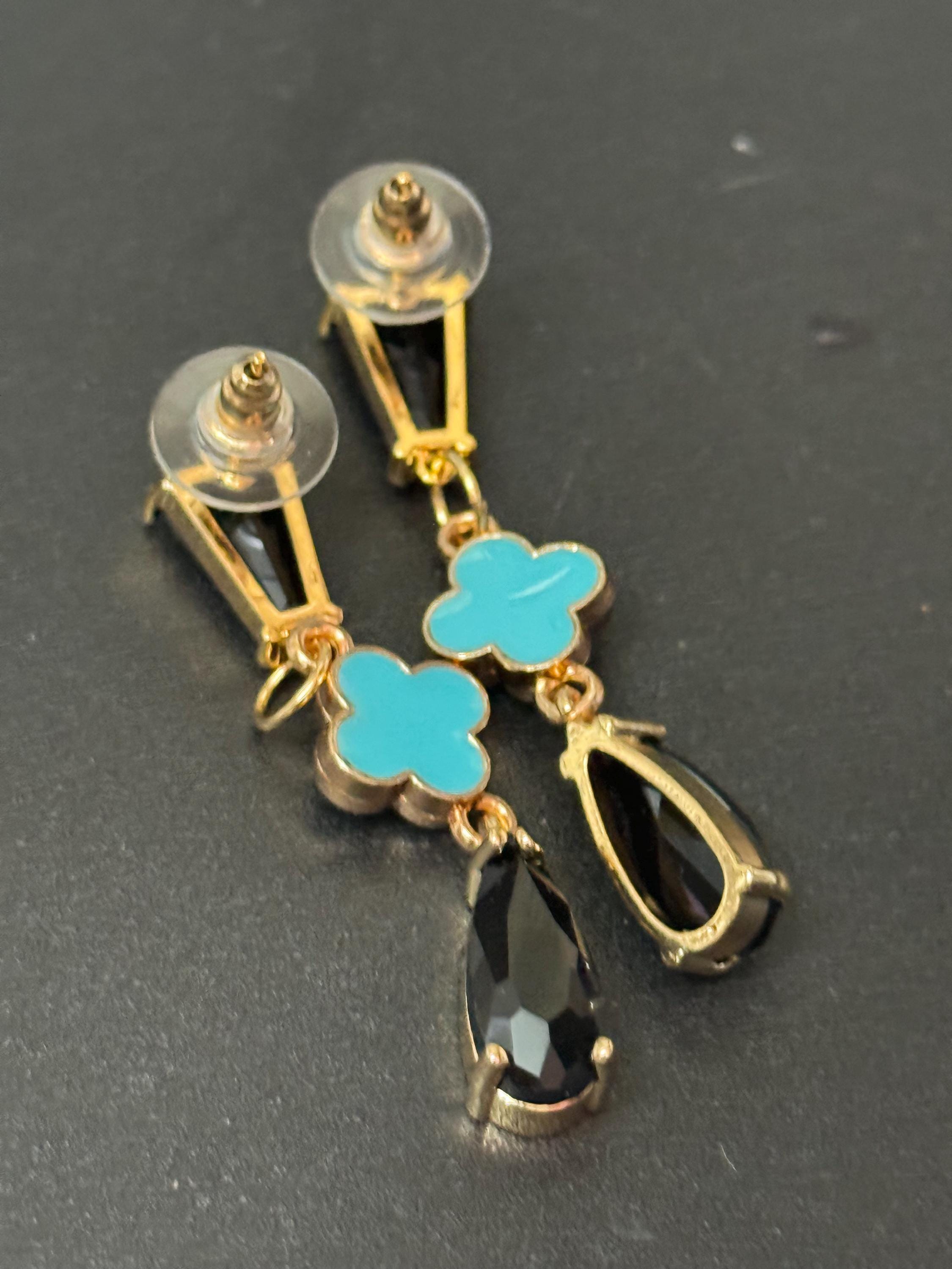 18k Gold plated black glass crystal turquoise clover teardrop earrings