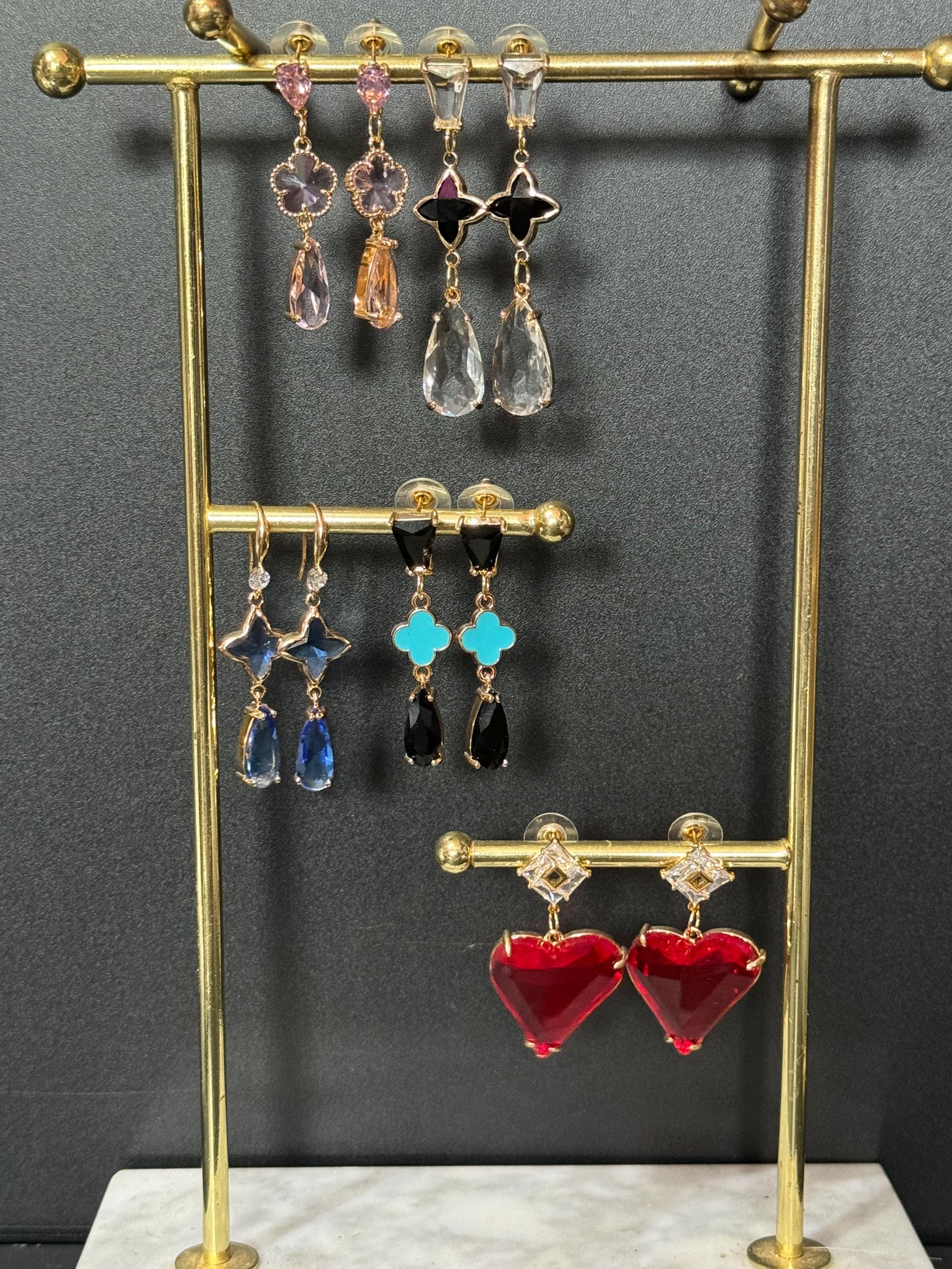 18k Gold plated black glass crystal turquoise clover teardrop earrings