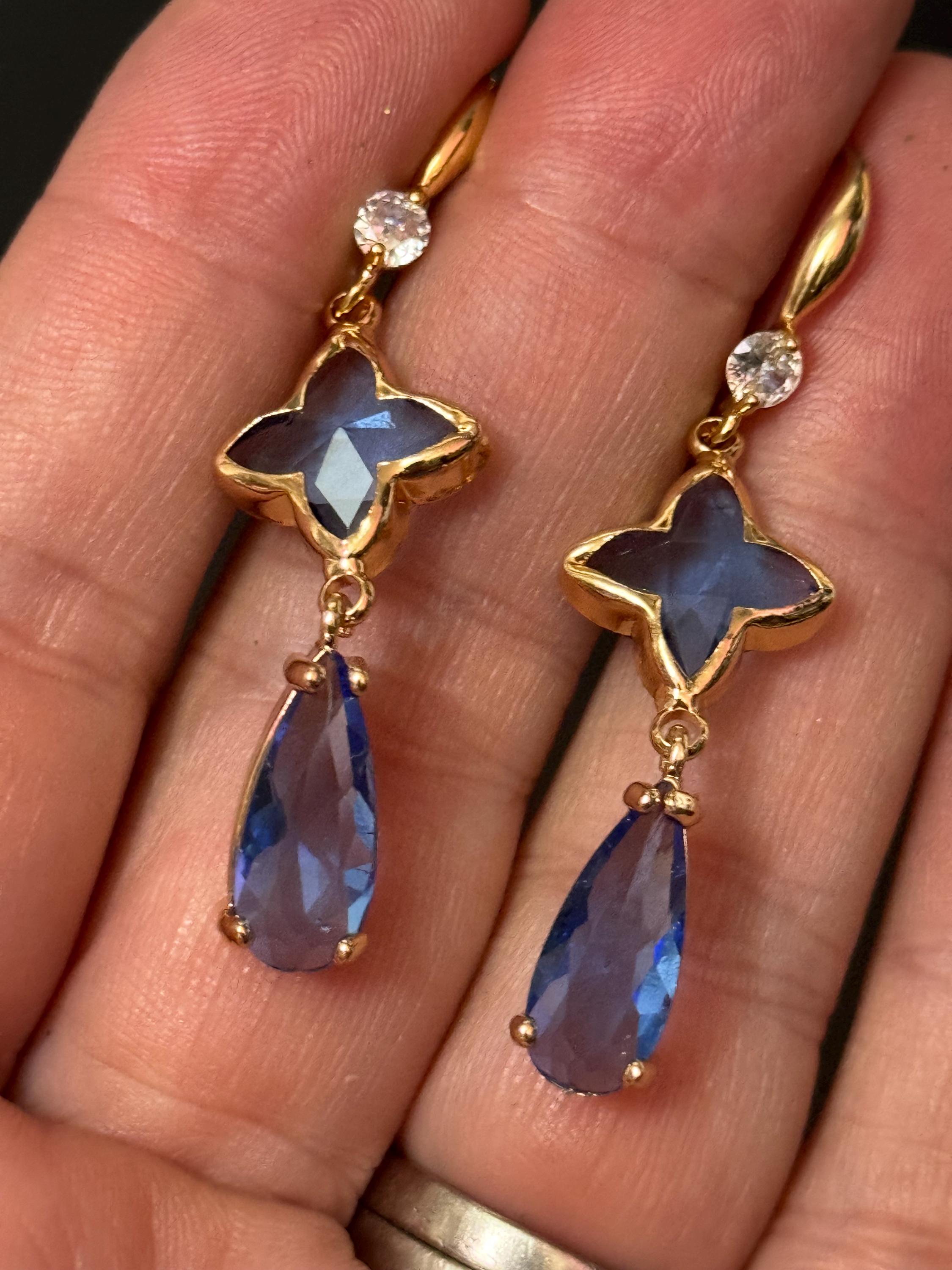 18k Gold plated Sapphire blue and clear crystal glass clear teardrop earrings
