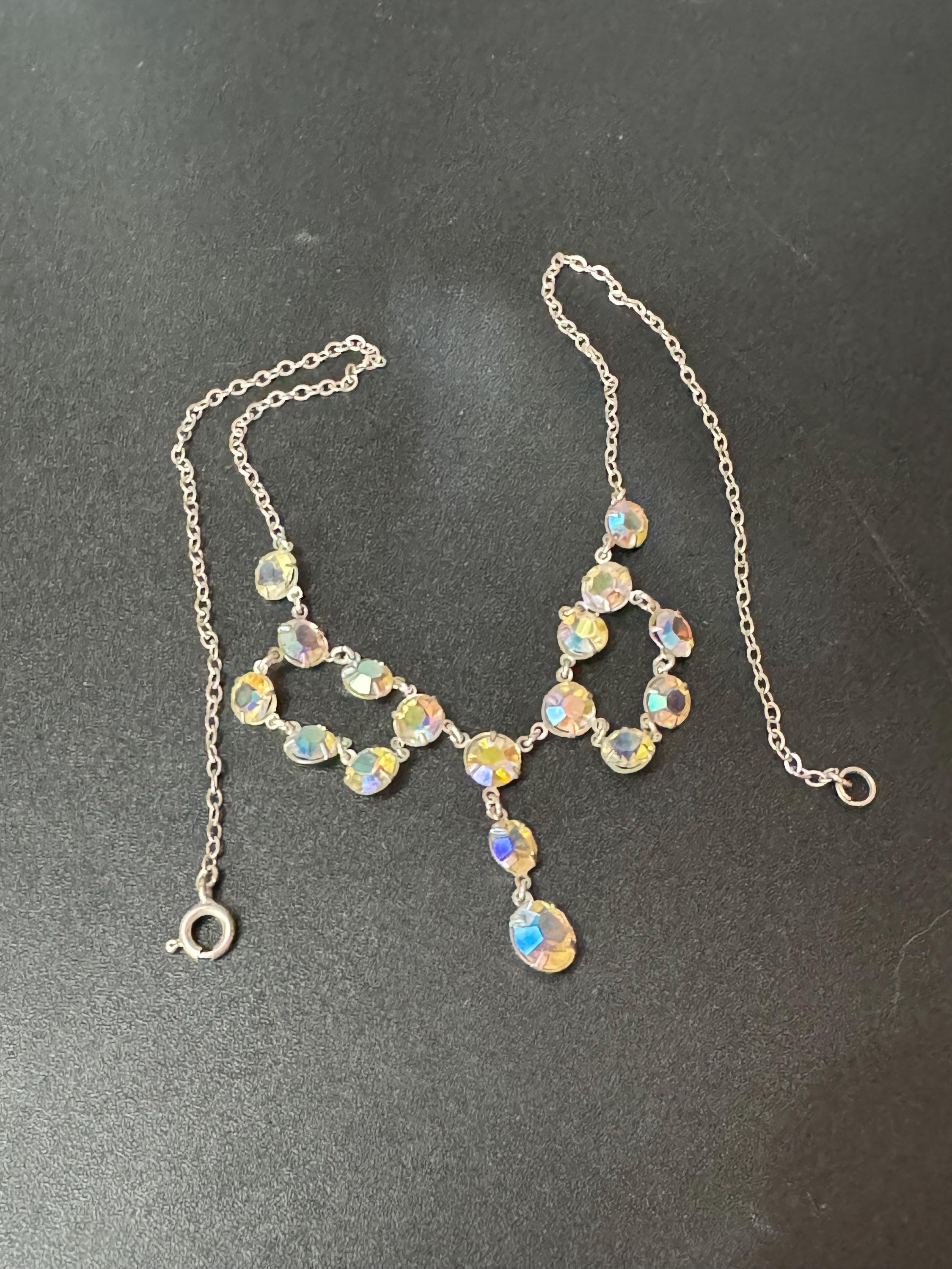Vintage AB Aurora borealis rainbow glass open back crystal rivière bezel set glass necklace 44cm