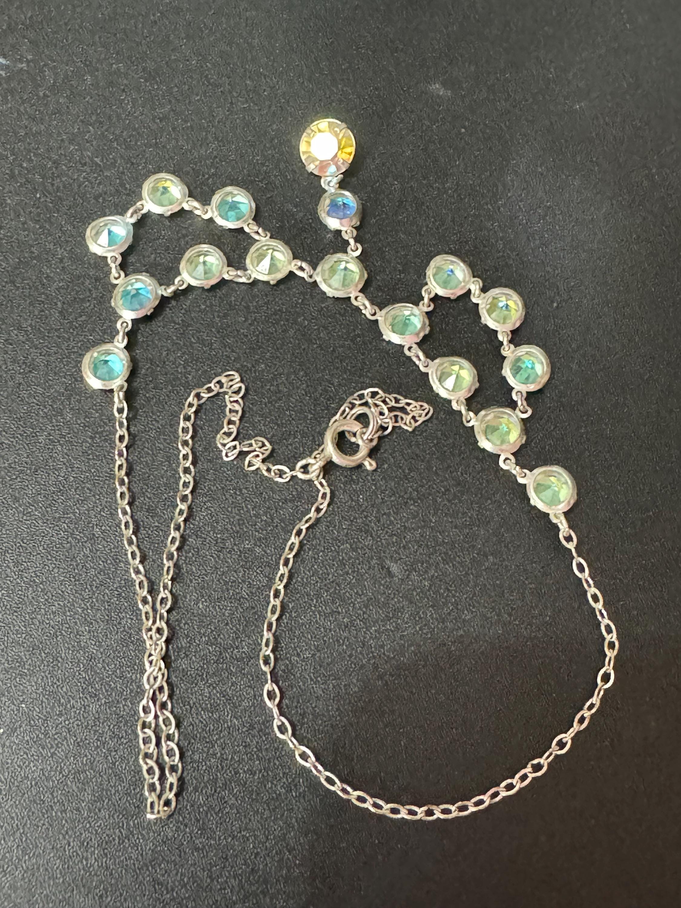 Vintage AB Aurora borealis rainbow glass open back crystal rivière bezel set glass necklace 44cm