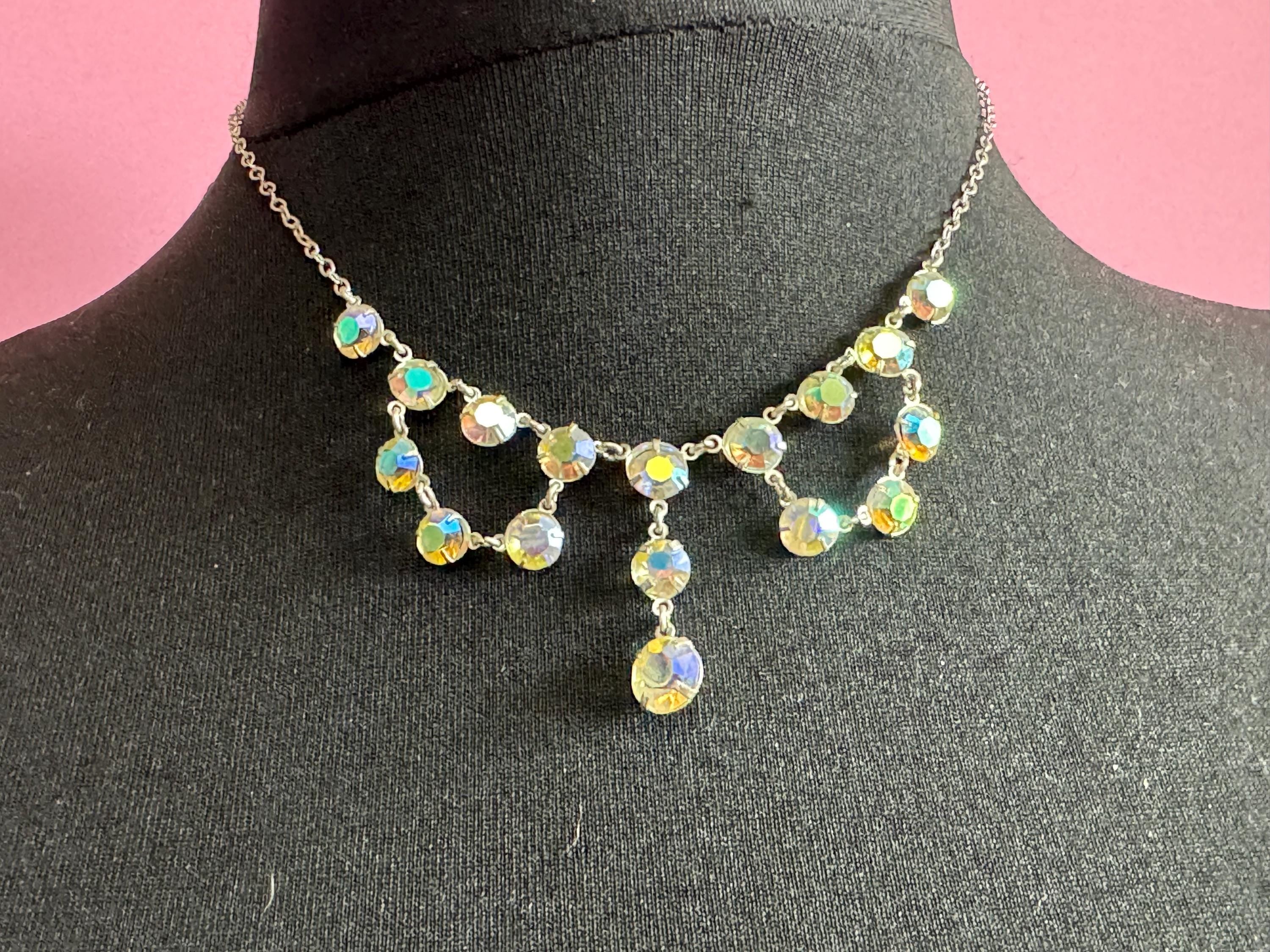 Vintage AB Aurora borealis rainbow glass open back crystal rivière bezel set glass necklace 44cm