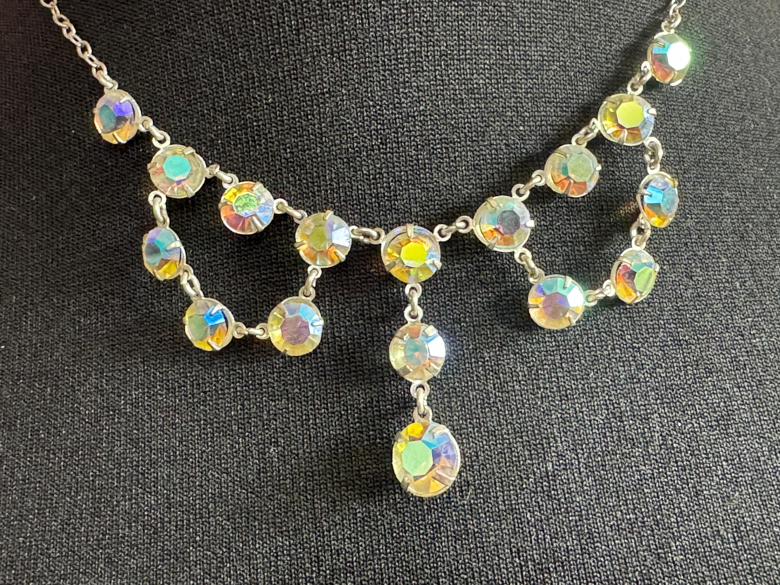 Vintage AB Aurora borealis rainbow glass open back crystal rivière bezel set glass necklace 44cm
