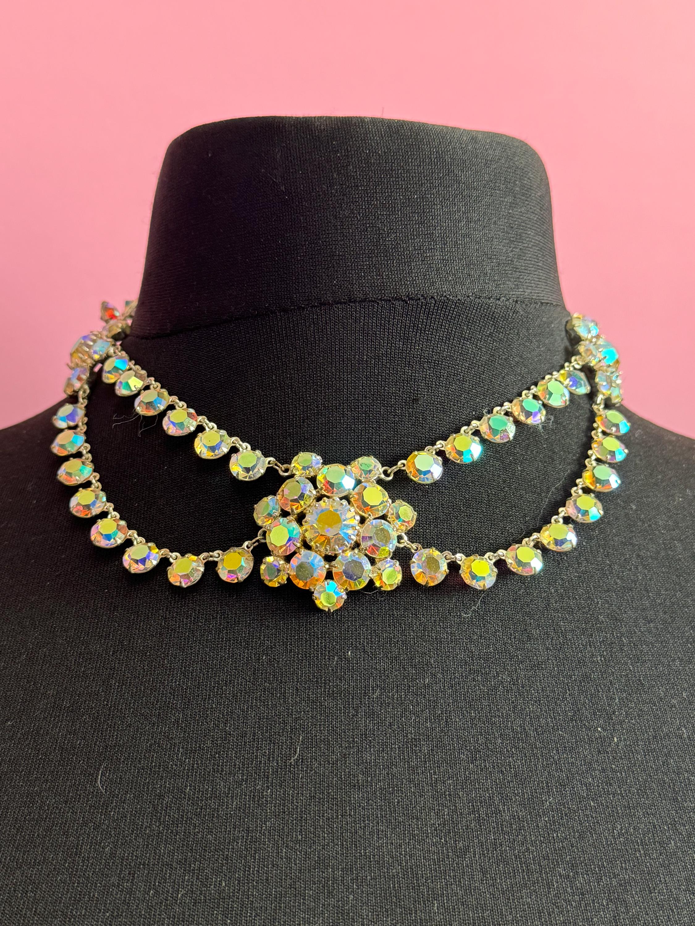 Vintage AB Aurora borealis rainbow glass open back crystal rivière bezel set swag bib  necklace