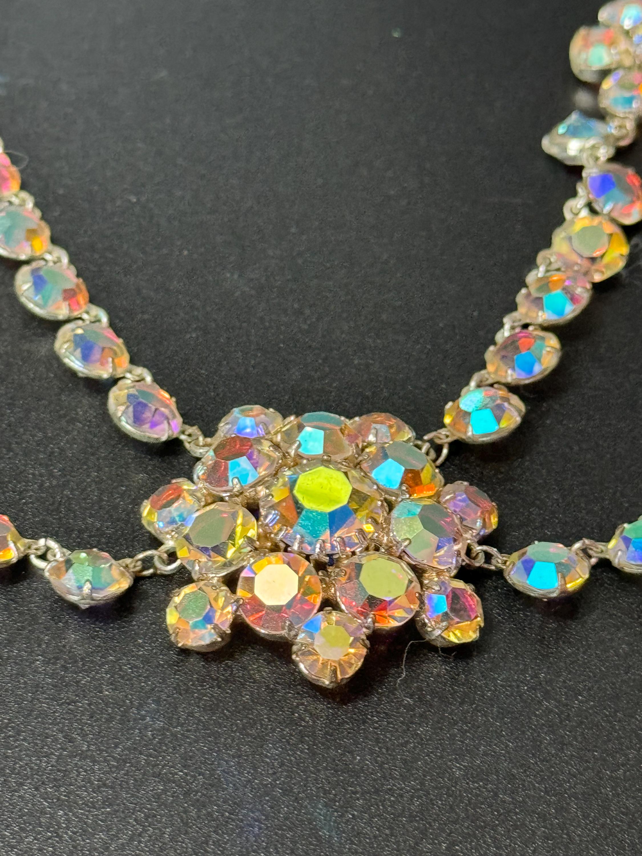 Vintage AB Aurora borealis rainbow glass open back crystal rivière bezel set swag bib  necklace