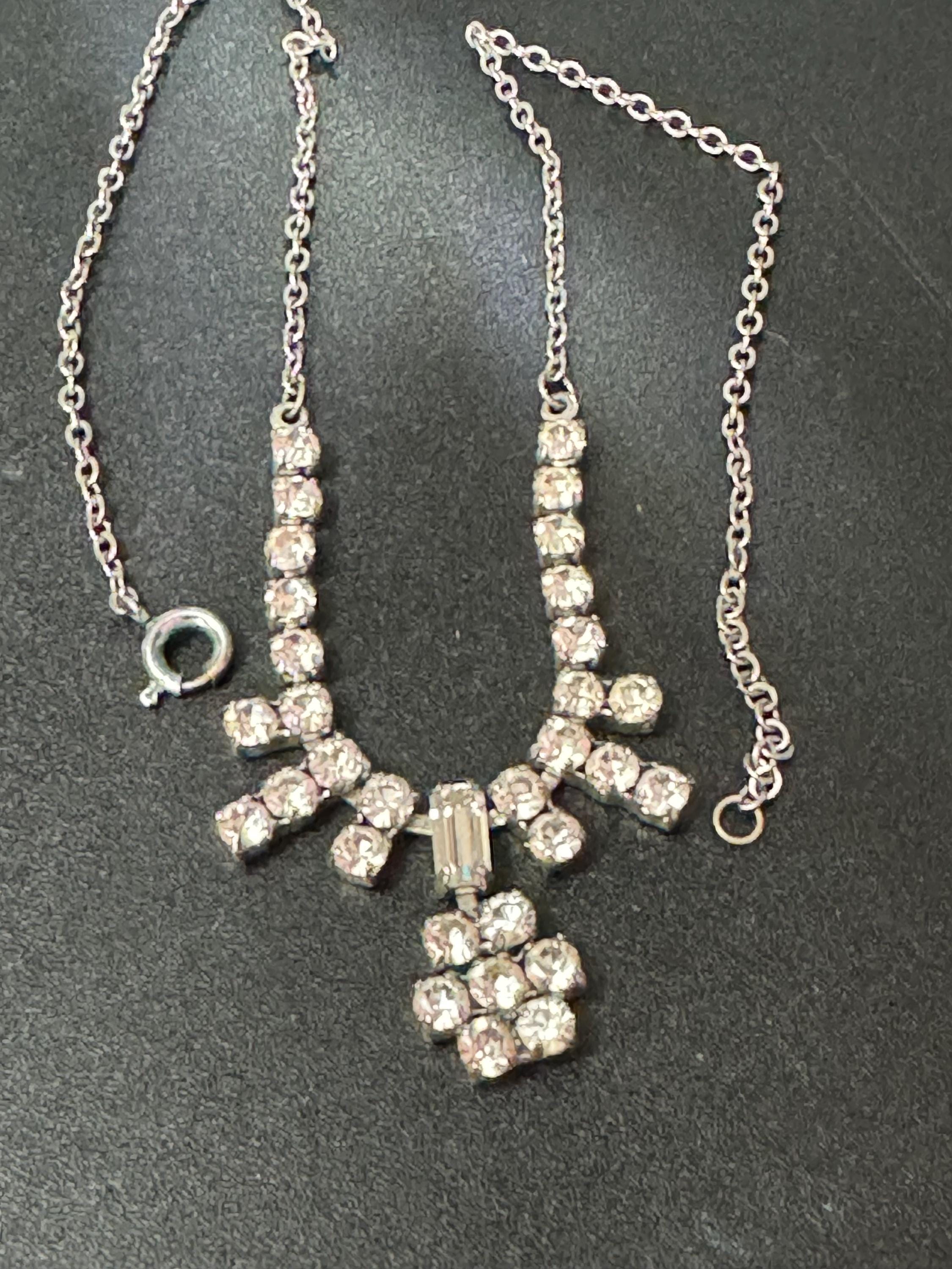 Vintage clear diamanté glass rhinestone crystal silver tone necklace 40cm