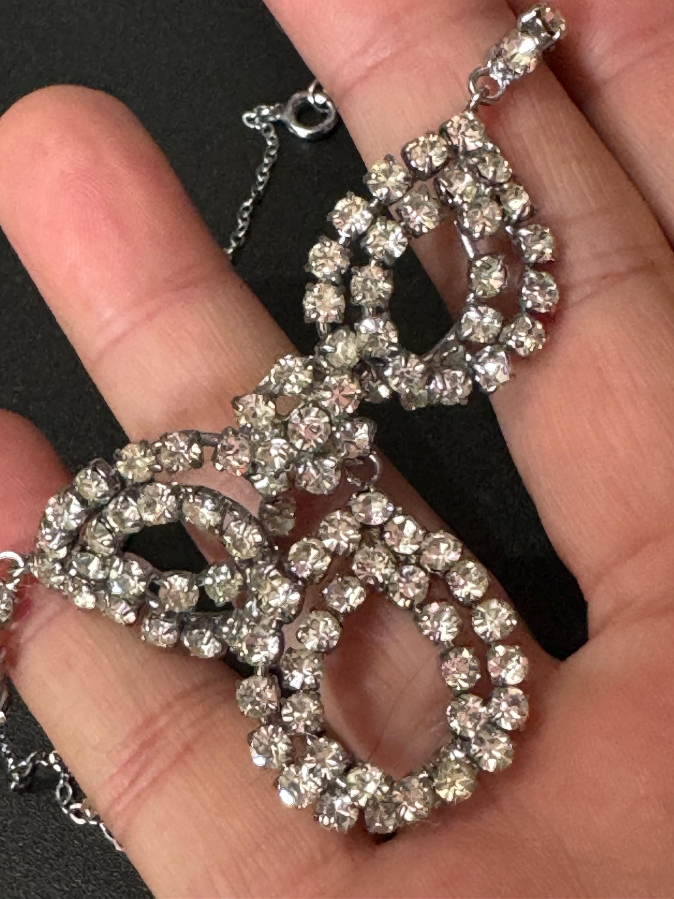Vintage clear diamanté glass rhinestone crystal silver tone necklace 41cm