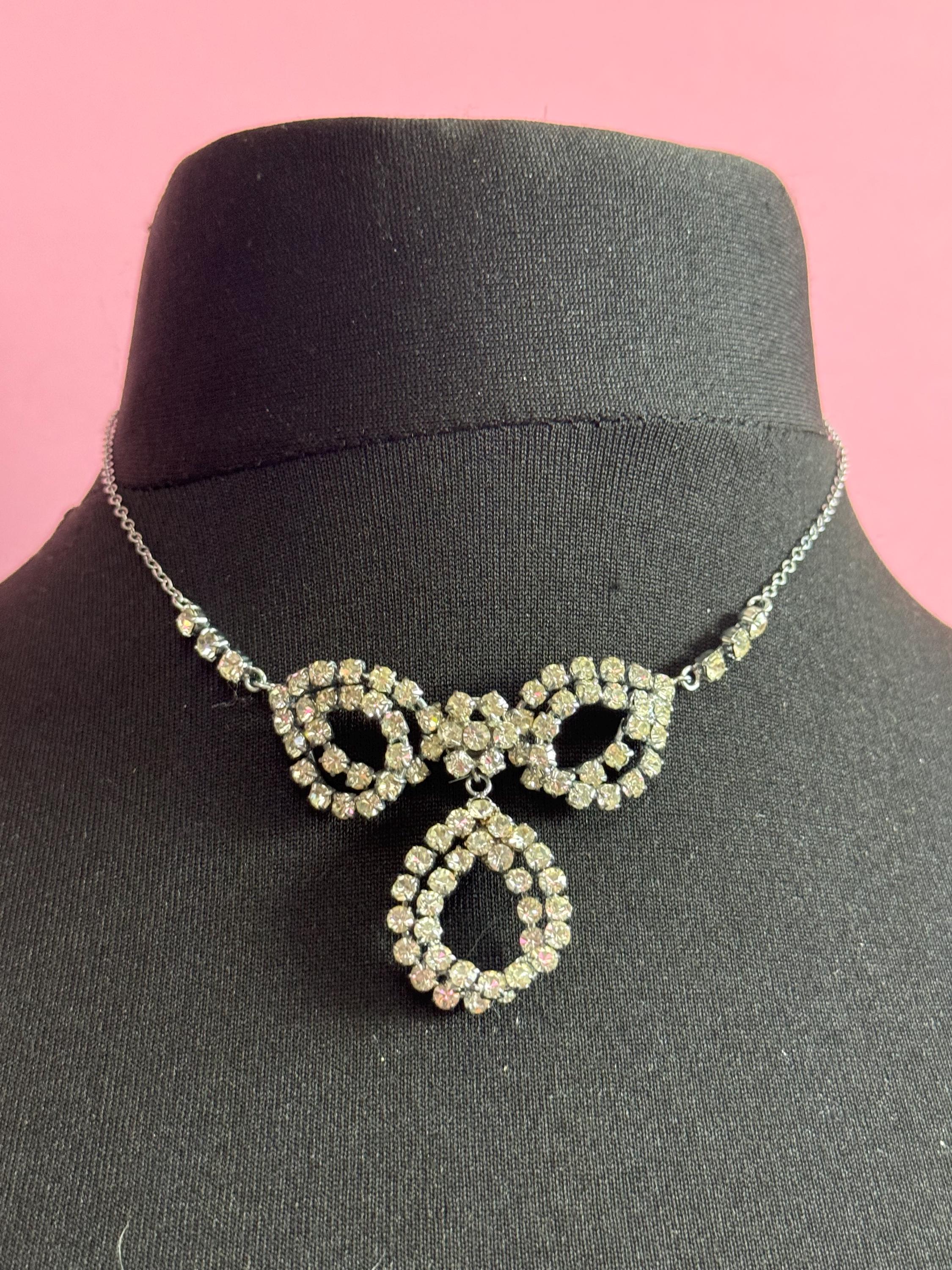 Vintage clear diamanté glass rhinestone crystal silver tone necklace 41cm