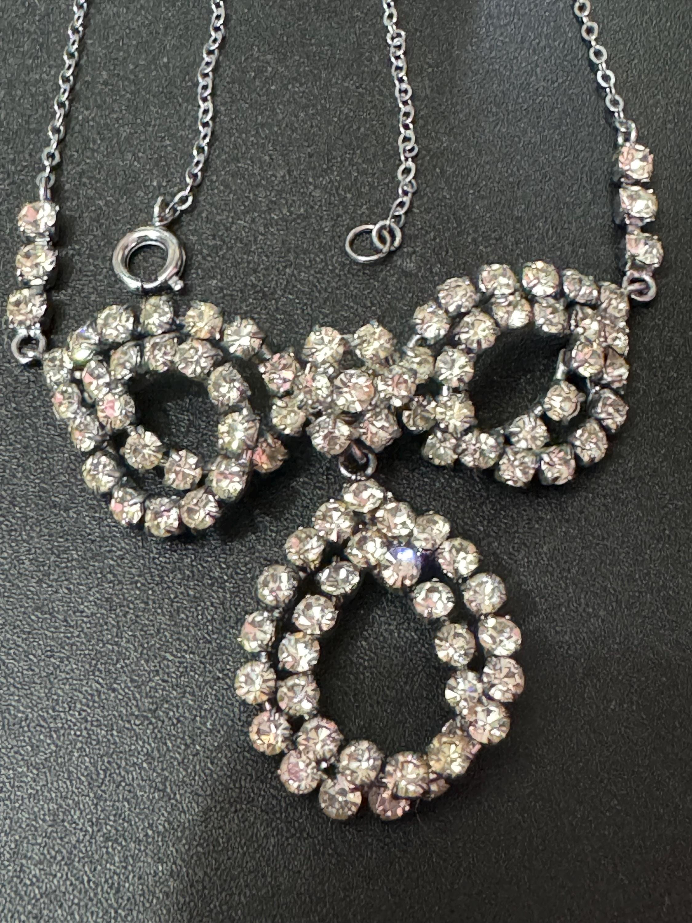 Vintage clear diamanté glass rhinestone crystal silver tone necklace 41cm