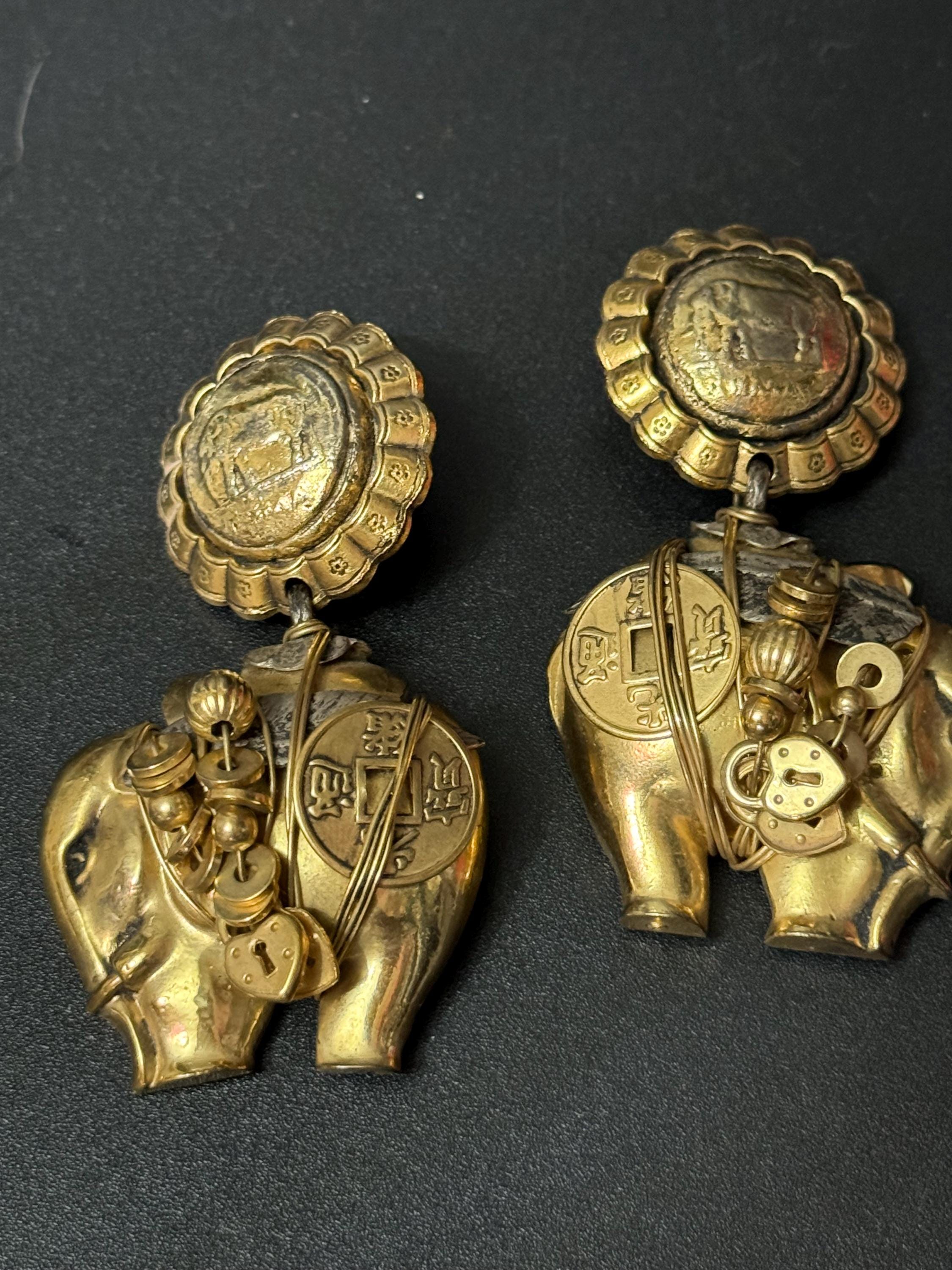 Vintage Les Nereides oversized dangly elephant drop clip on earrings French designer gold tone