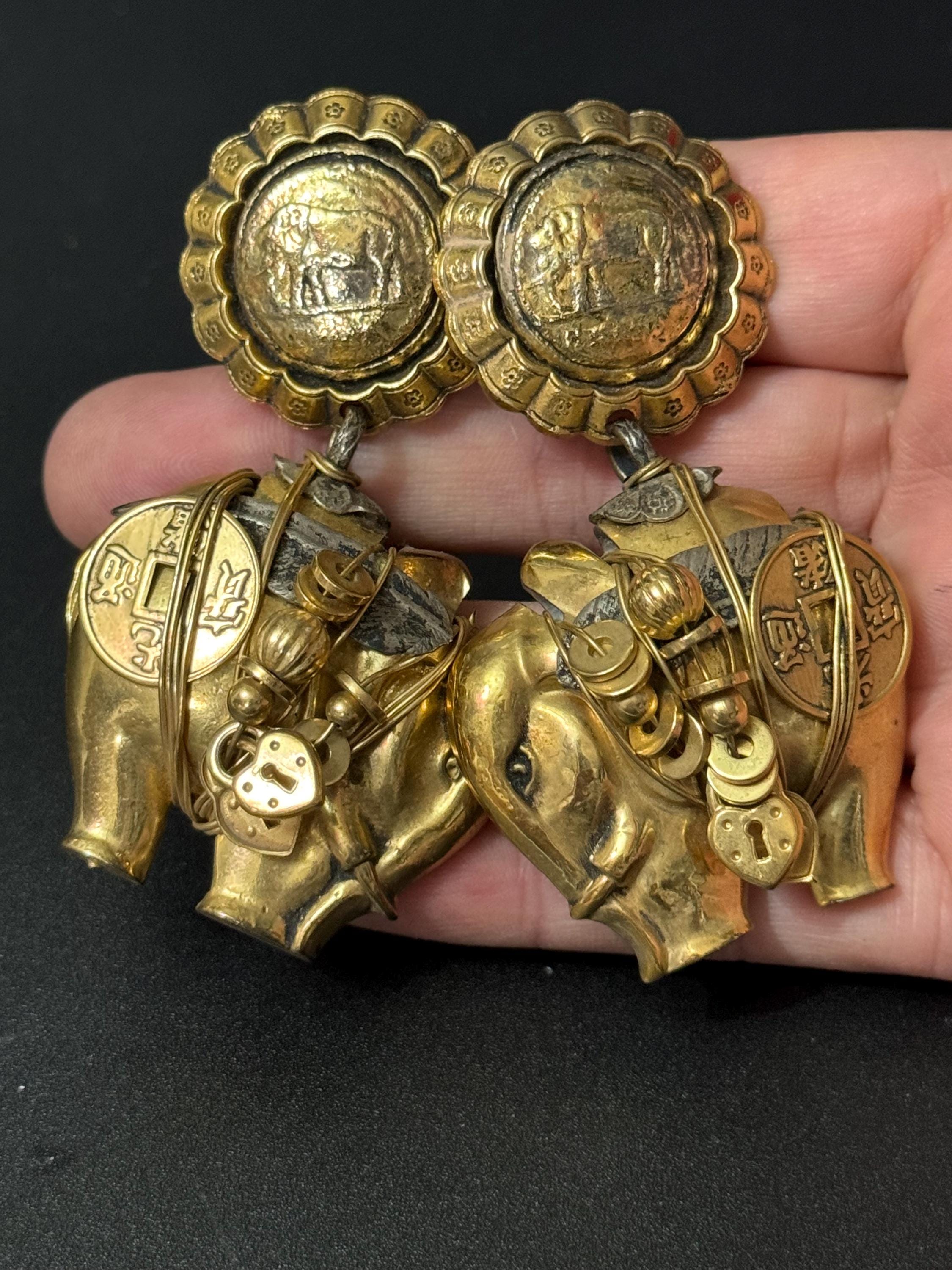 Vintage Les Nereides oversized dangly elephant drop clip on earrings French designer gold tone