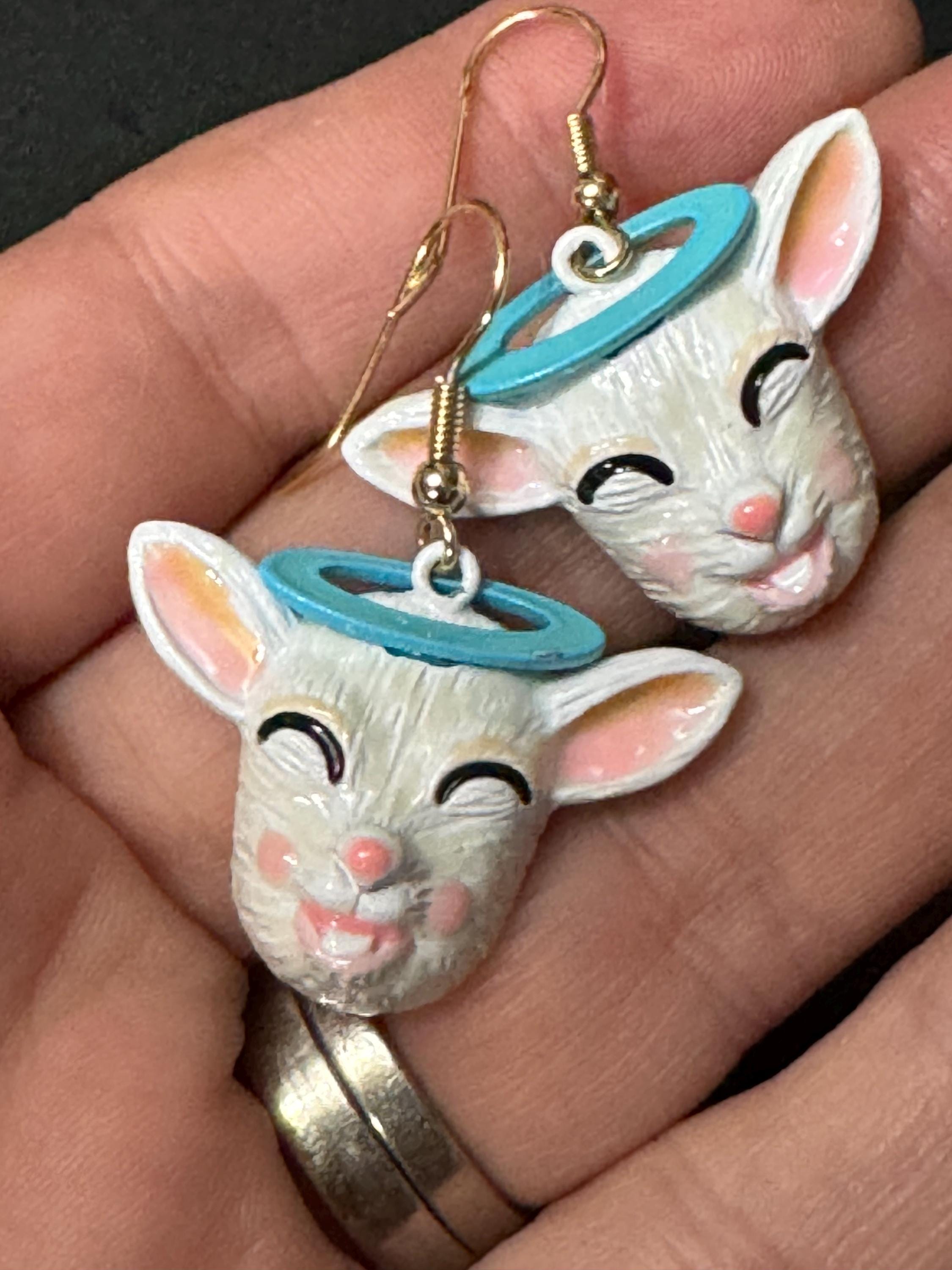 Vintage Les Nereides dangly white enamel goat drop pierced earrings French designer gold tone