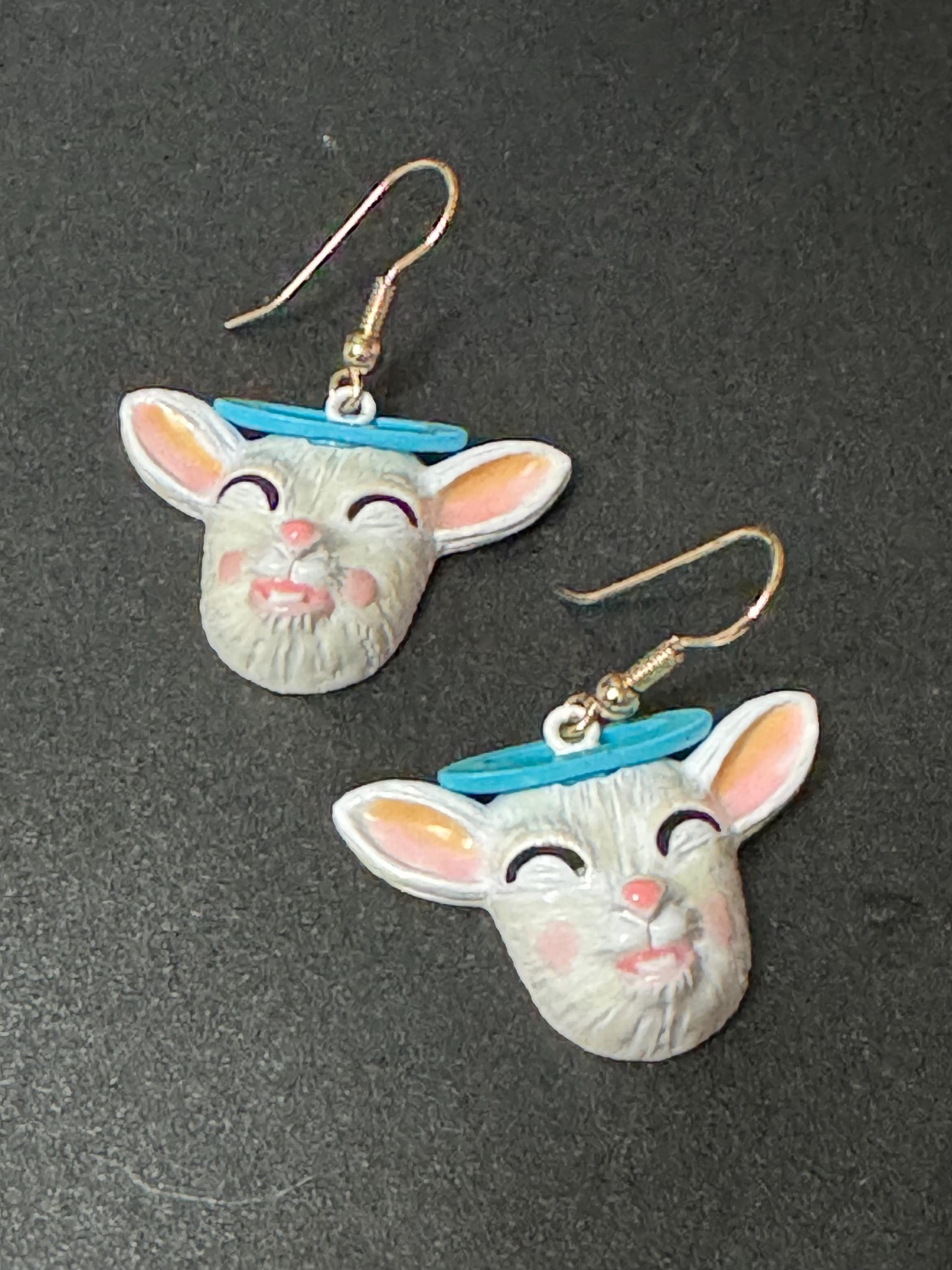 Vintage Les Nereides dangly white enamel goat drop pierced earrings French designer gold tone