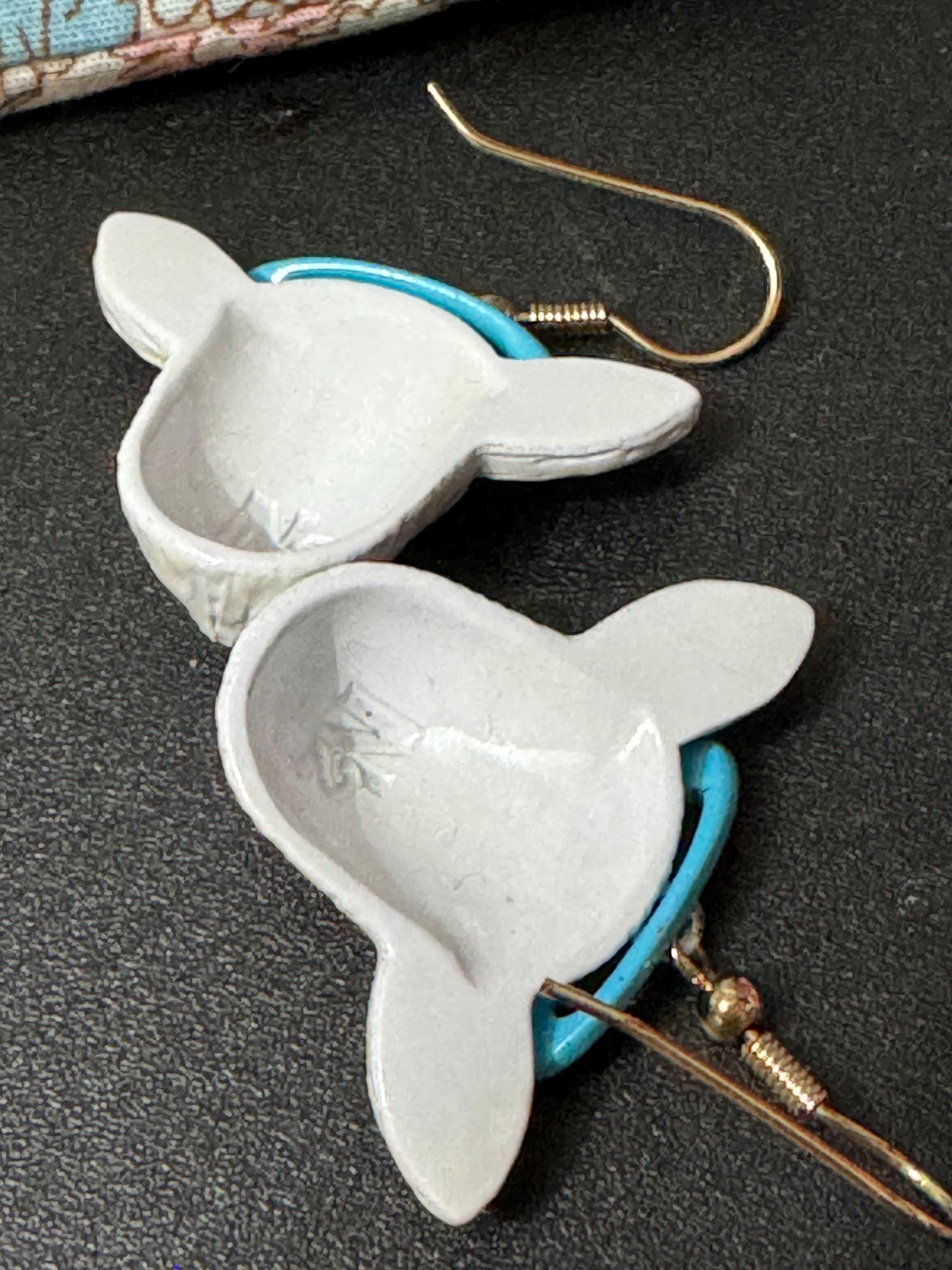 Vintage Les Nereides dangly white enamel goat drop pierced earrings French designer gold tone