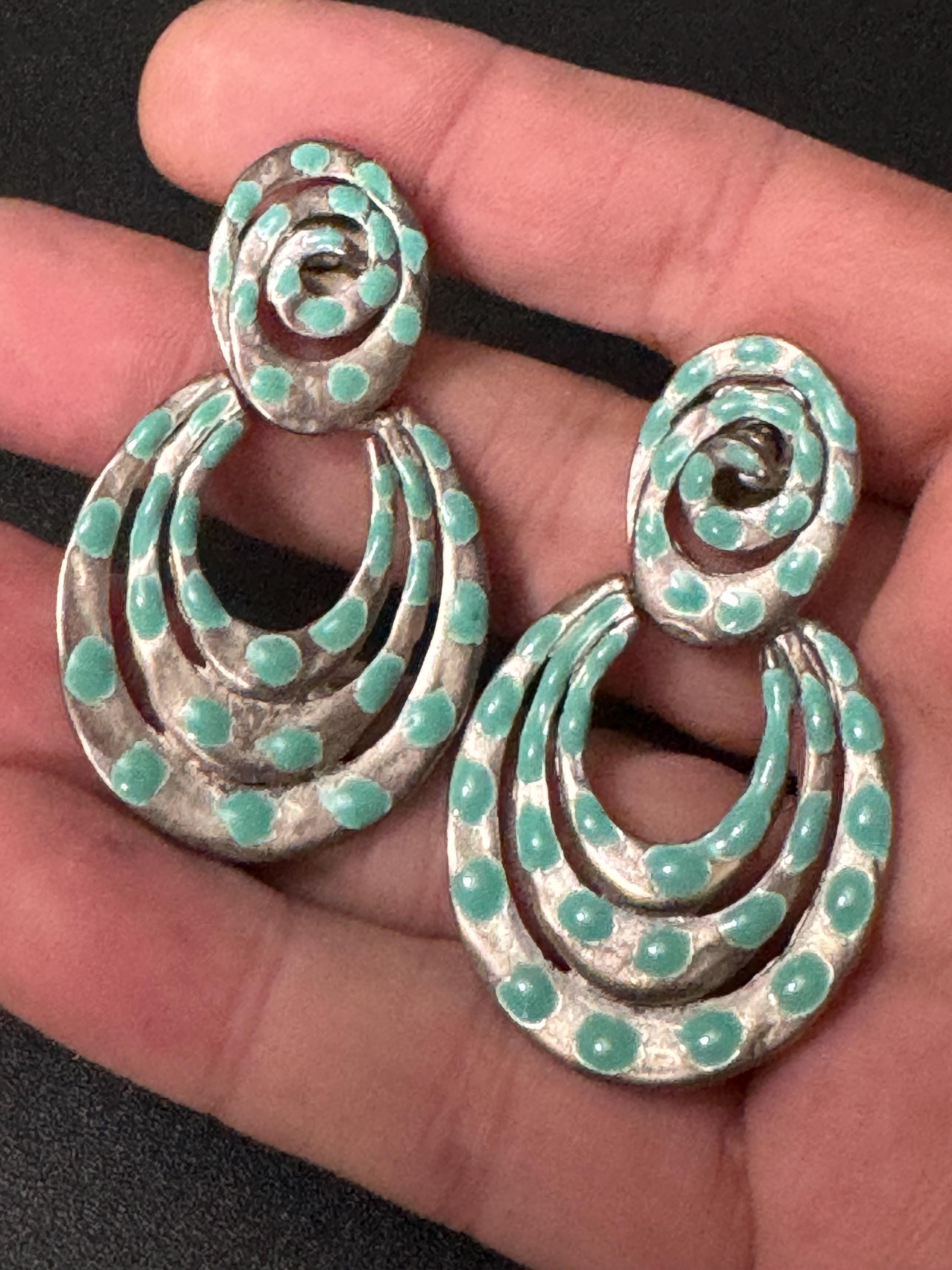 Signed TAT turquoise blue vintage teardrop dangly earrings USA designer silver tone