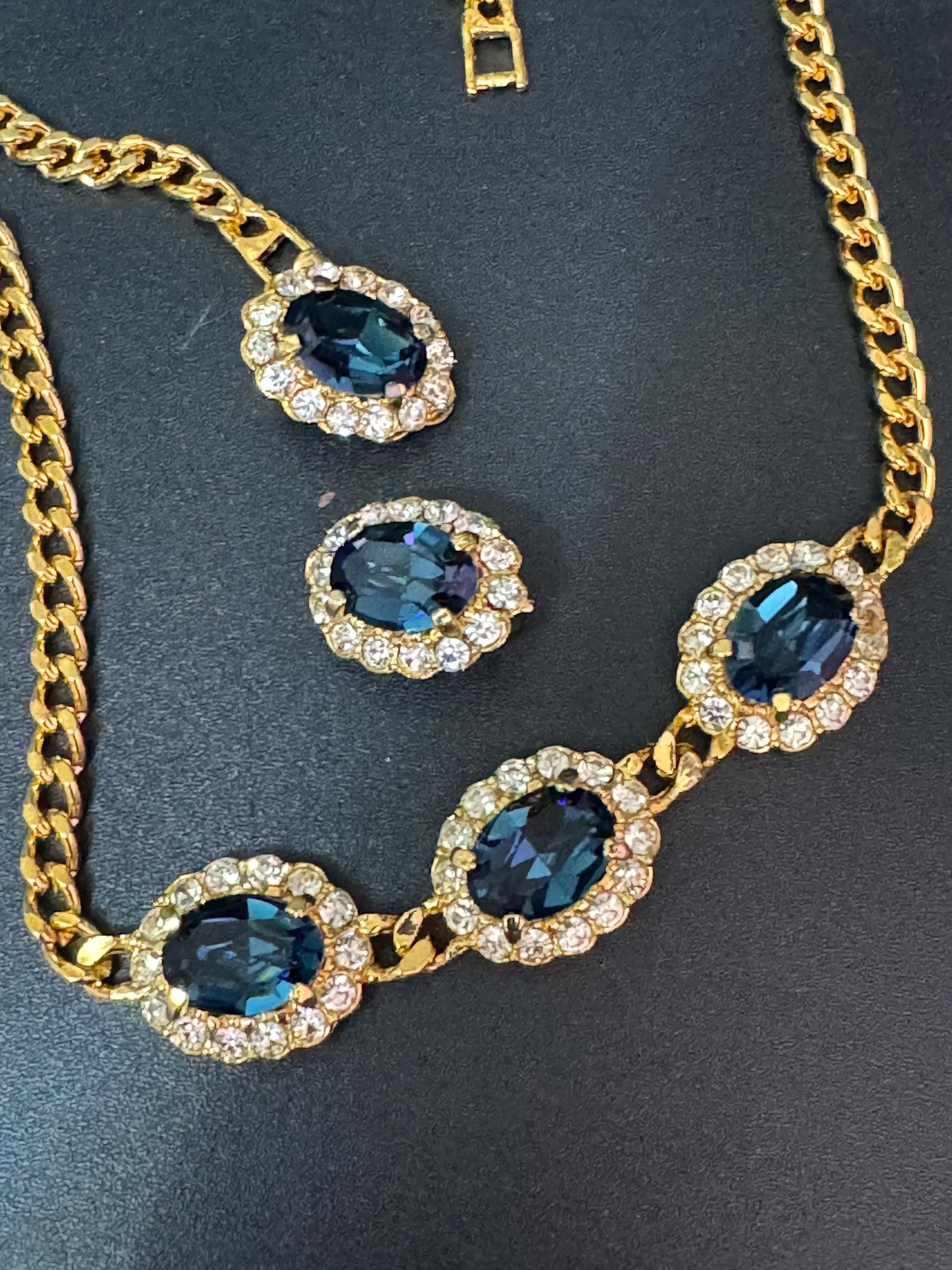 Vintage sapphire blue clear genuine Swarovski crystal oval gold tone necklace and clip on earrings jewellery set