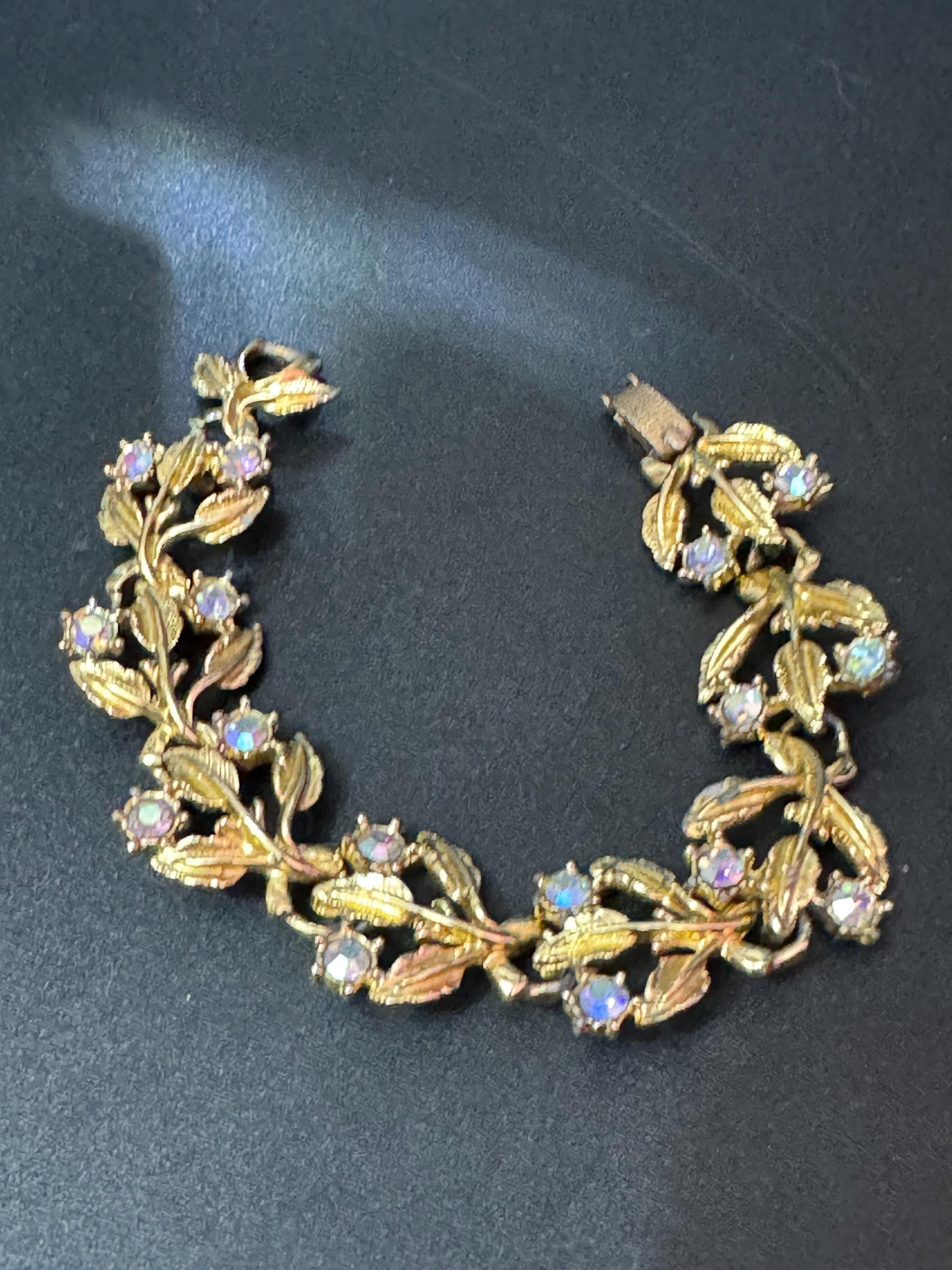 Vintage gold tone mid century AB diamanté panel link bracelet