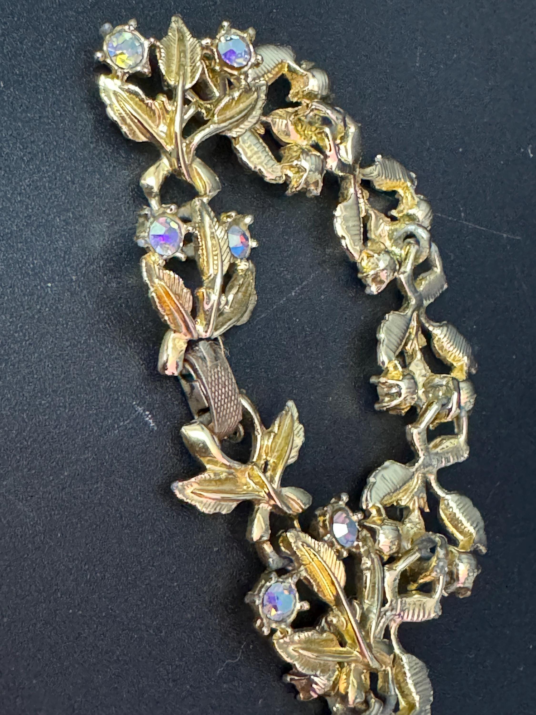 Vintage gold tone mid century AB diamanté panel link bracelet