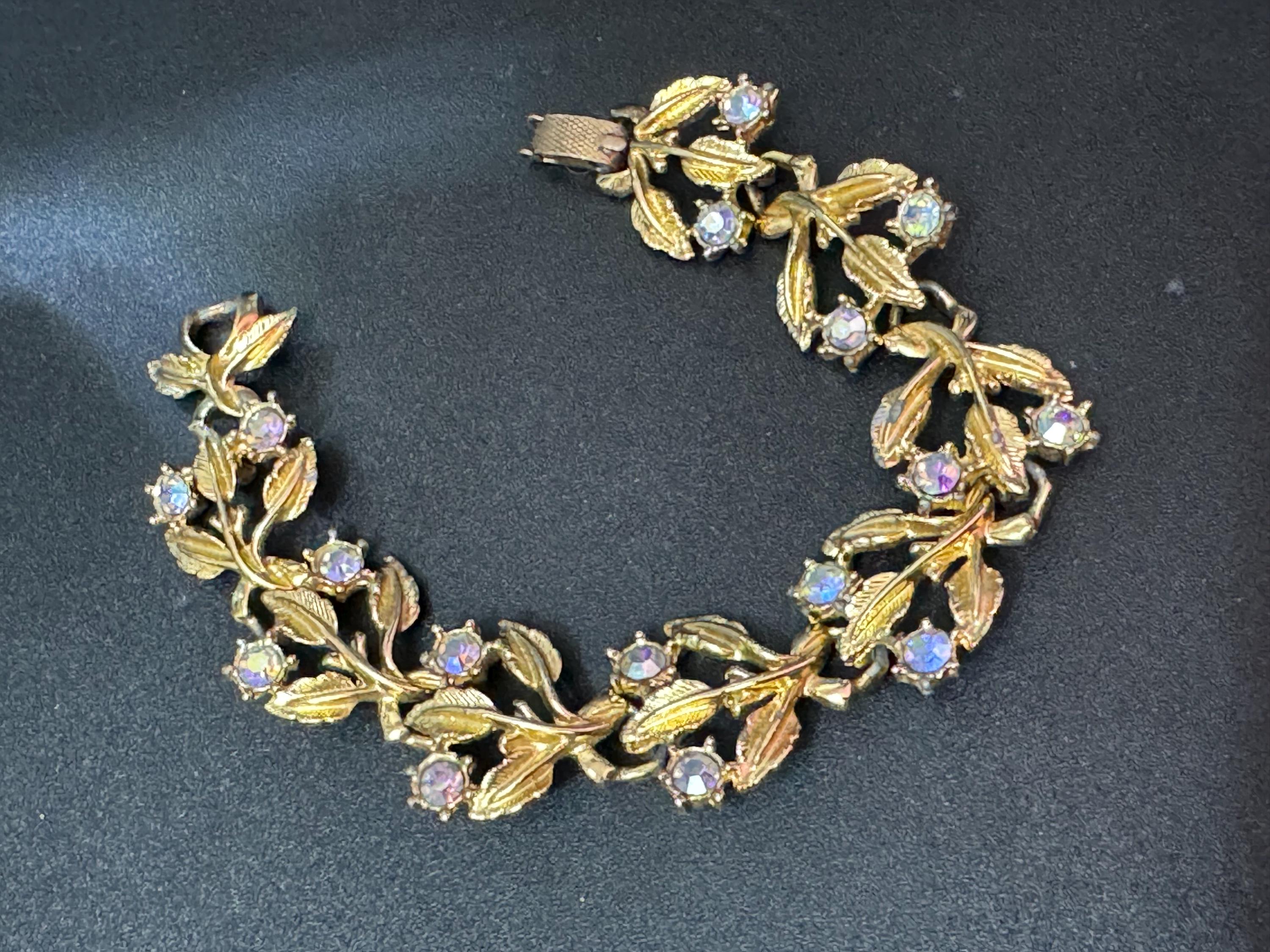 Vintage gold tone mid century AB diamanté panel link bracelet