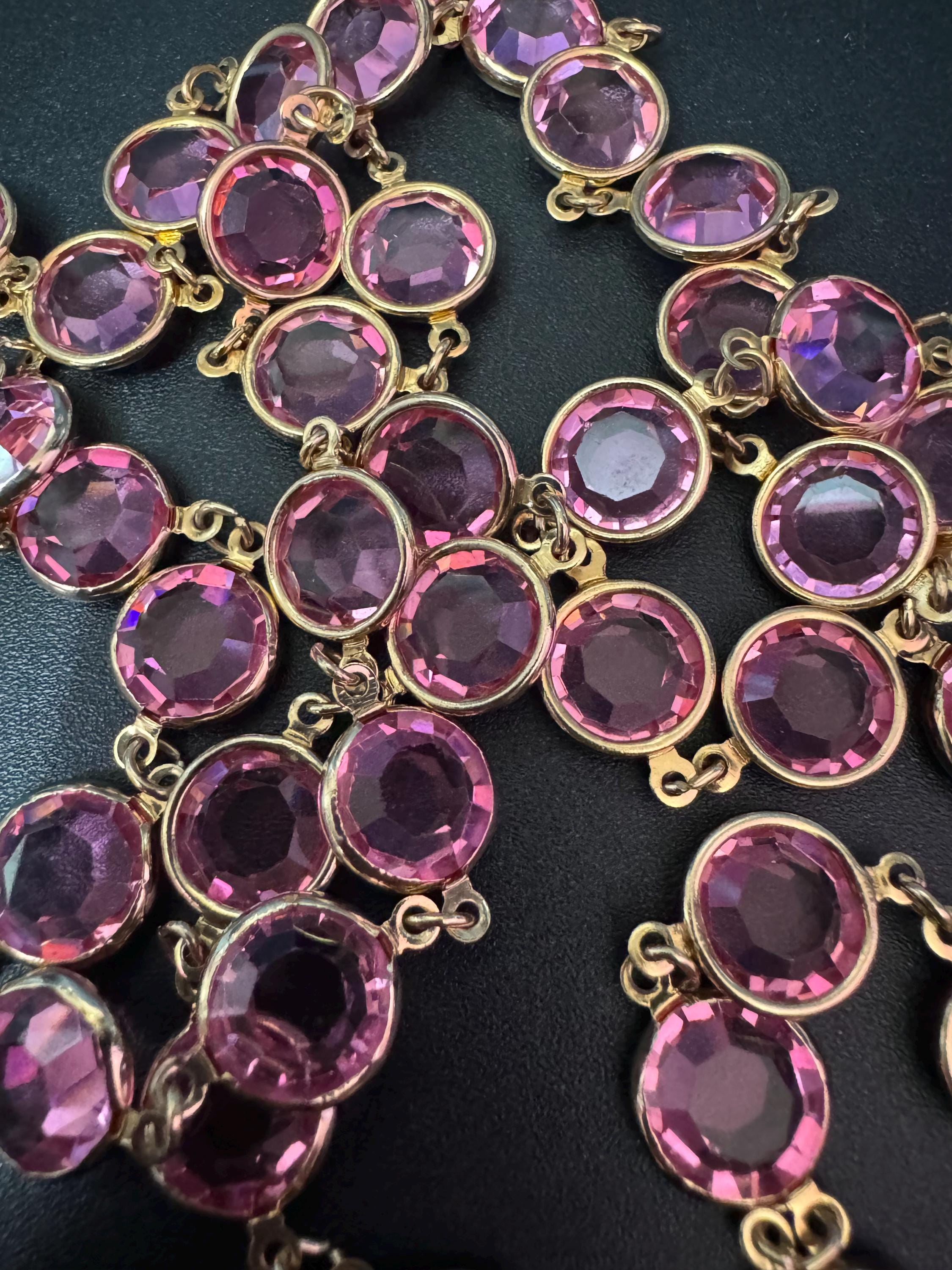 Retro Rivière bezel pink faceted glass vintage gold tone chain necklace 90cm flapper length