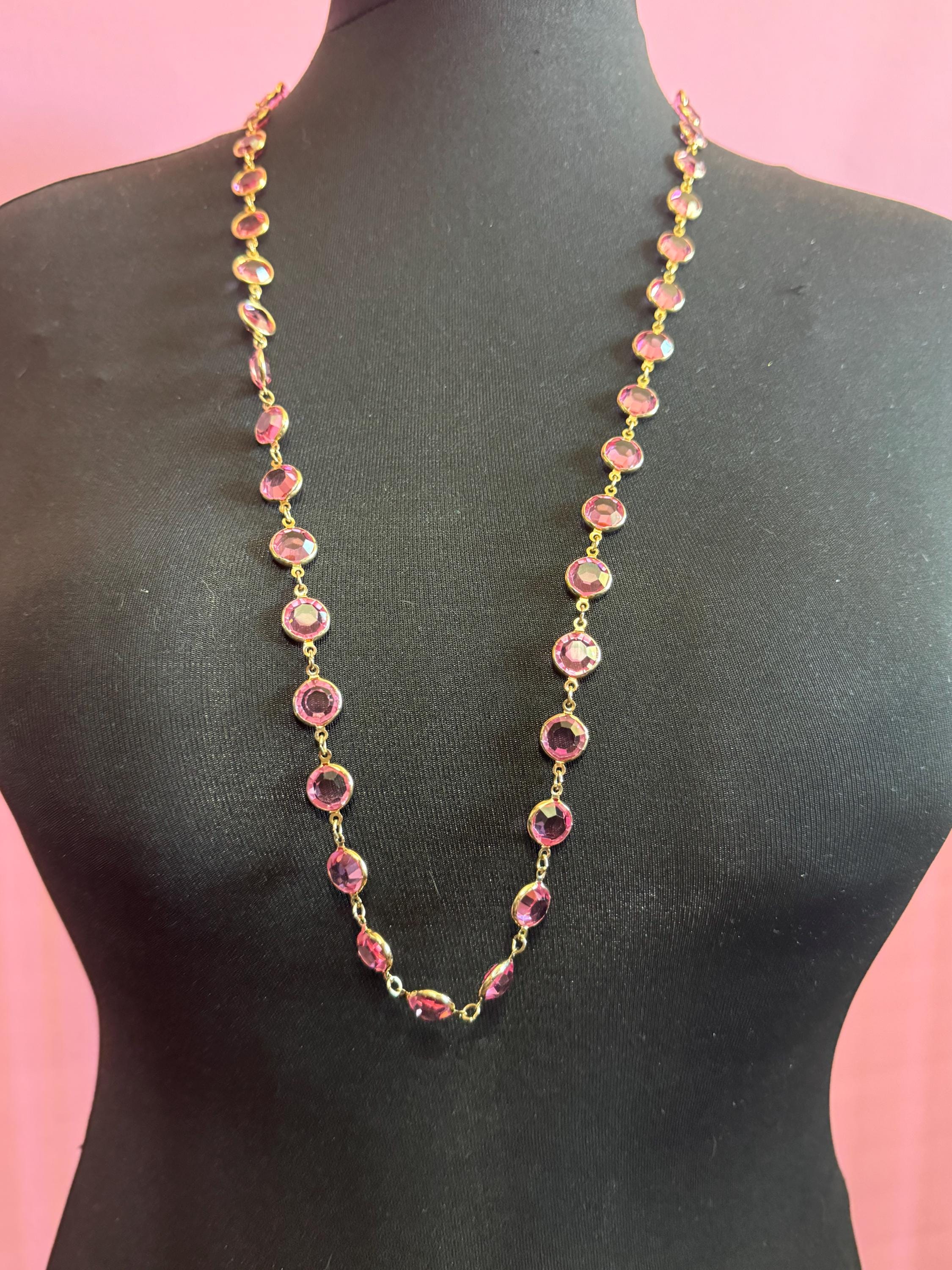 Retro Rivière bezel pink faceted glass vintage gold tone chain necklace 90cm flapper length
