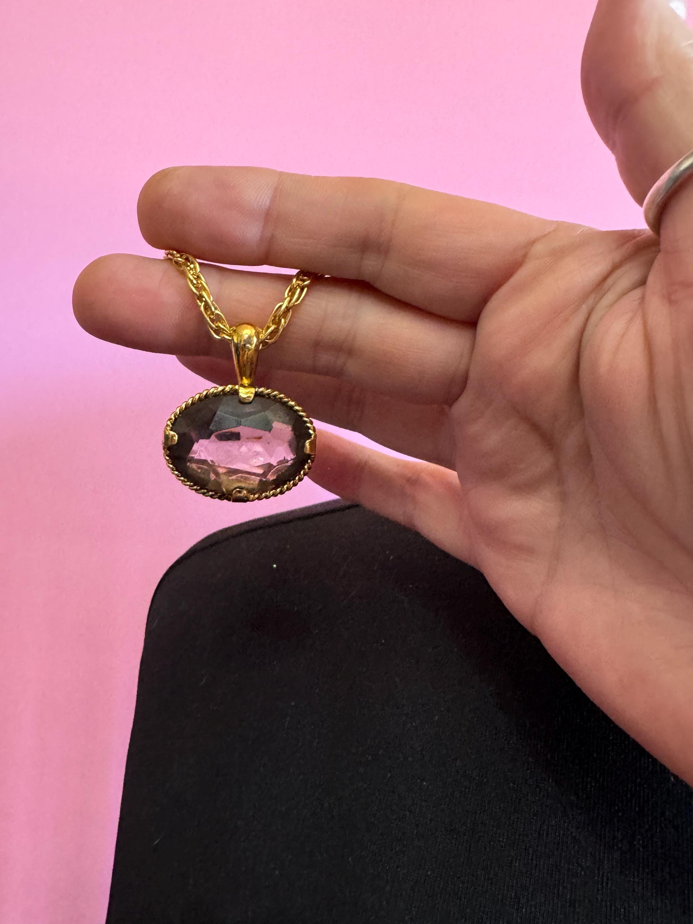 retro oval purple amethyst fob pendant on a 60cm gold tone ADRIEN Mann signed chain