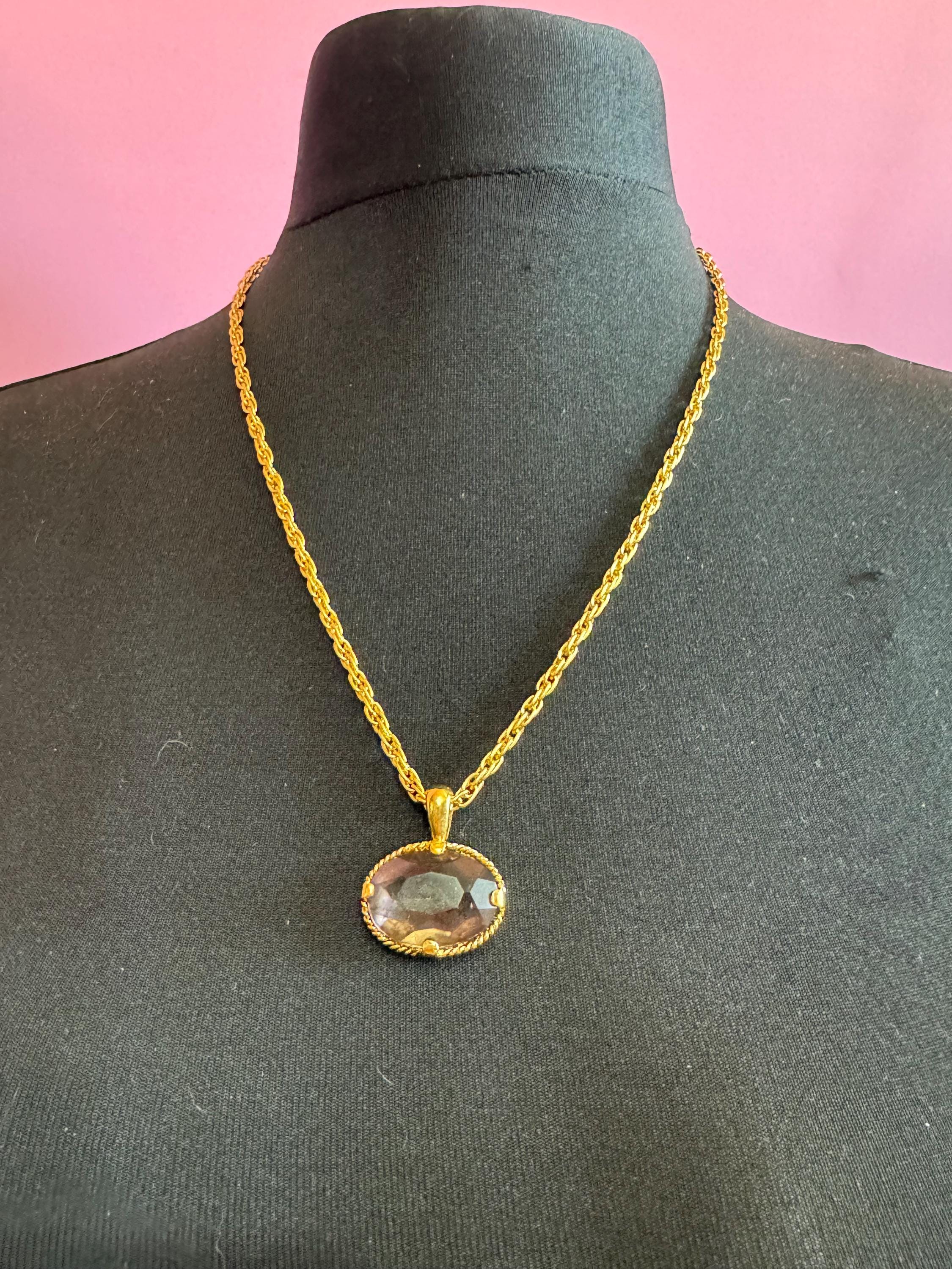retro oval purple amethyst fob pendant on a 60cm gold tone ADRIEN Mann signed chain