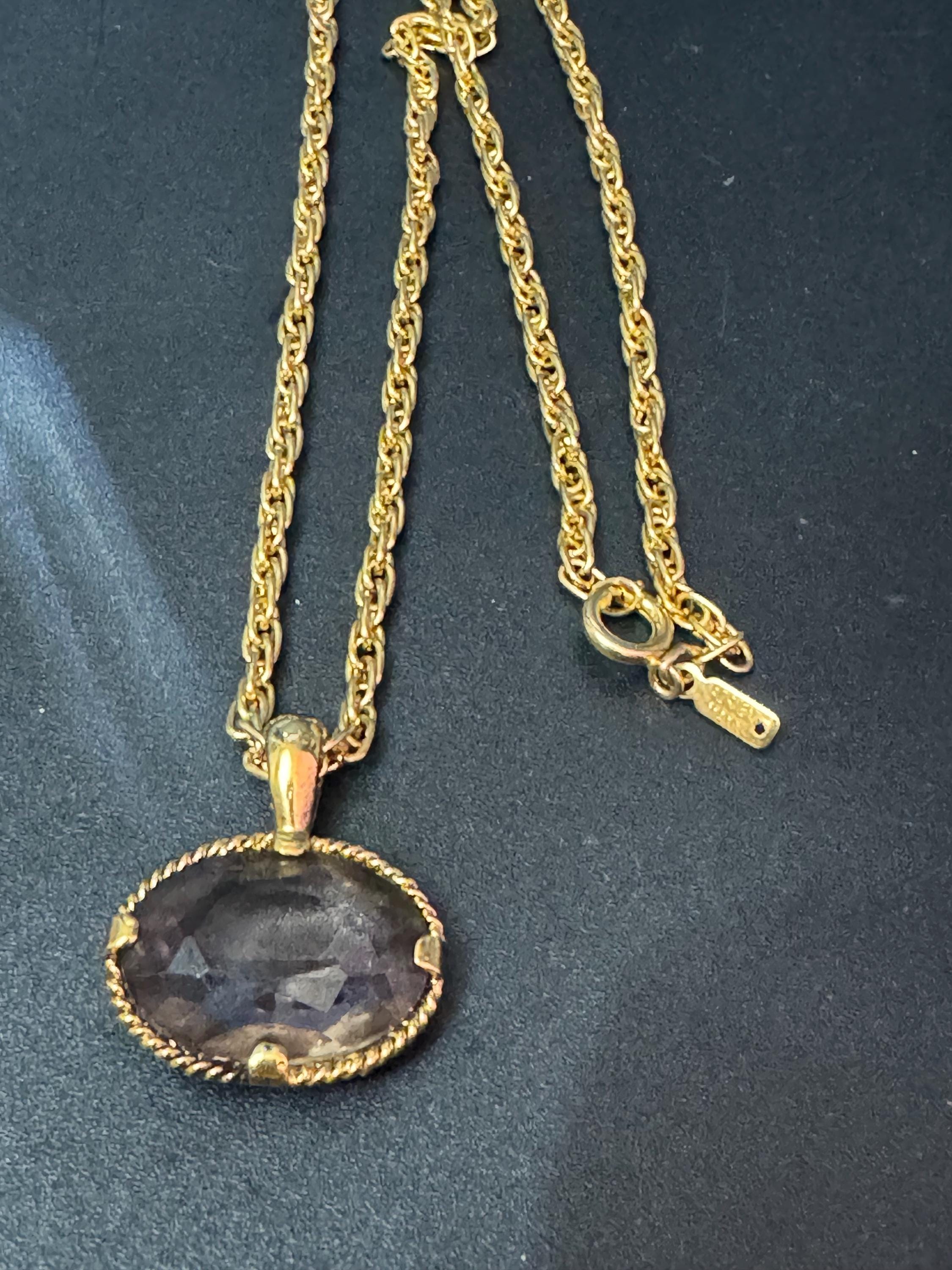 retro oval purple amethyst fob pendant on a 60cm gold tone ADRIEN Mann signed chain