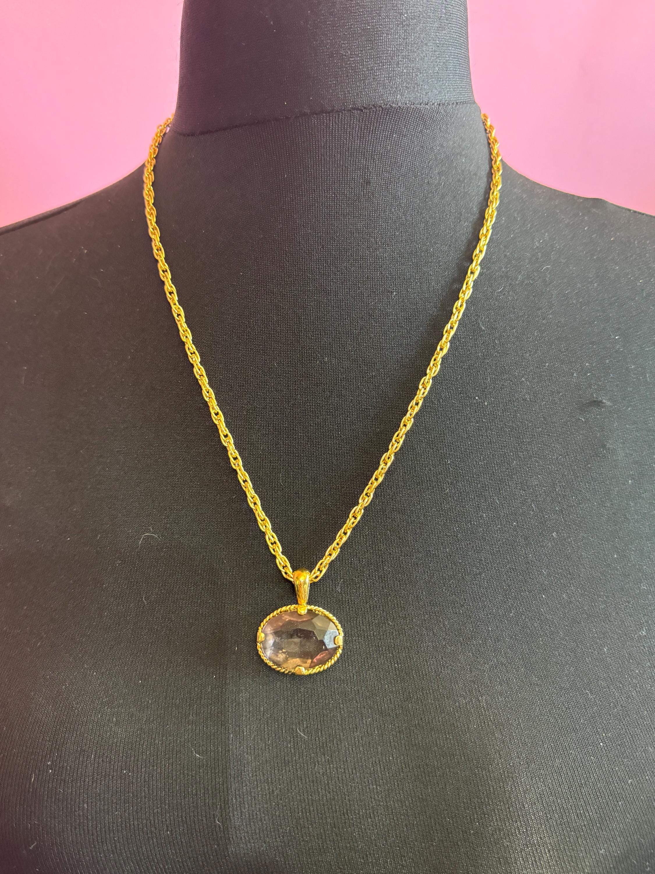 retro oval purple amethyst fob pendant on a 60cm gold tone ADRIEN Mann signed chain