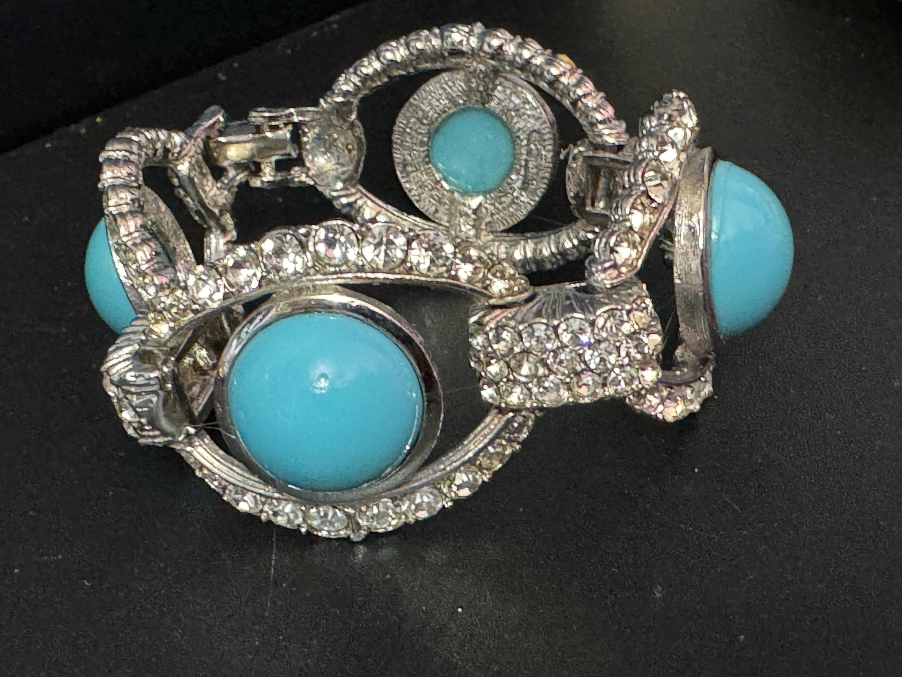 vintage 1980s wide clear Diamanté silver crystal set turquoise glass cabochon cocktail Bracelet 19.5 x 3cm