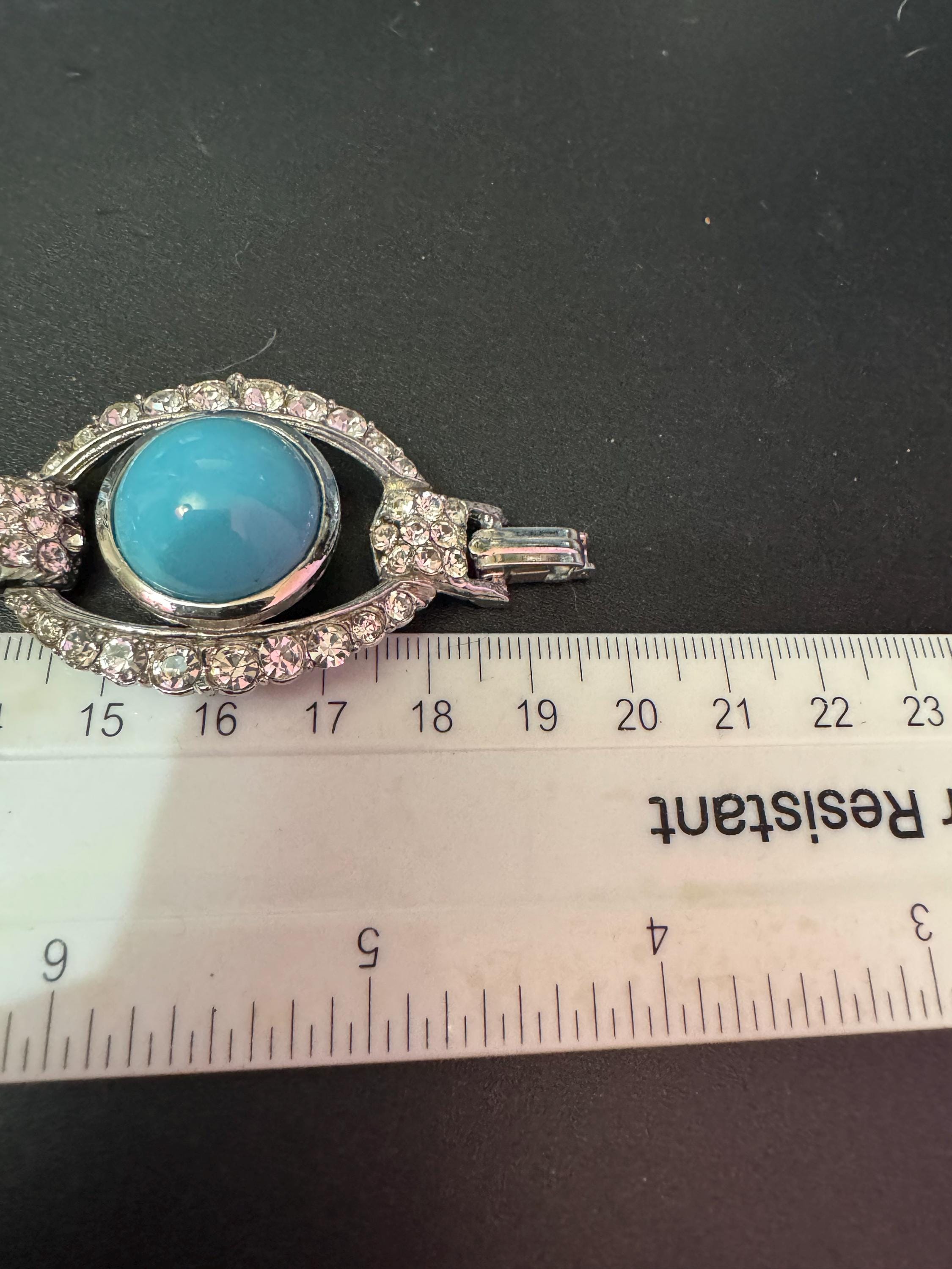 vintage 1980s wide clear Diamanté silver crystal set turquoise glass cabochon cocktail Bracelet 19.5 x 3cm