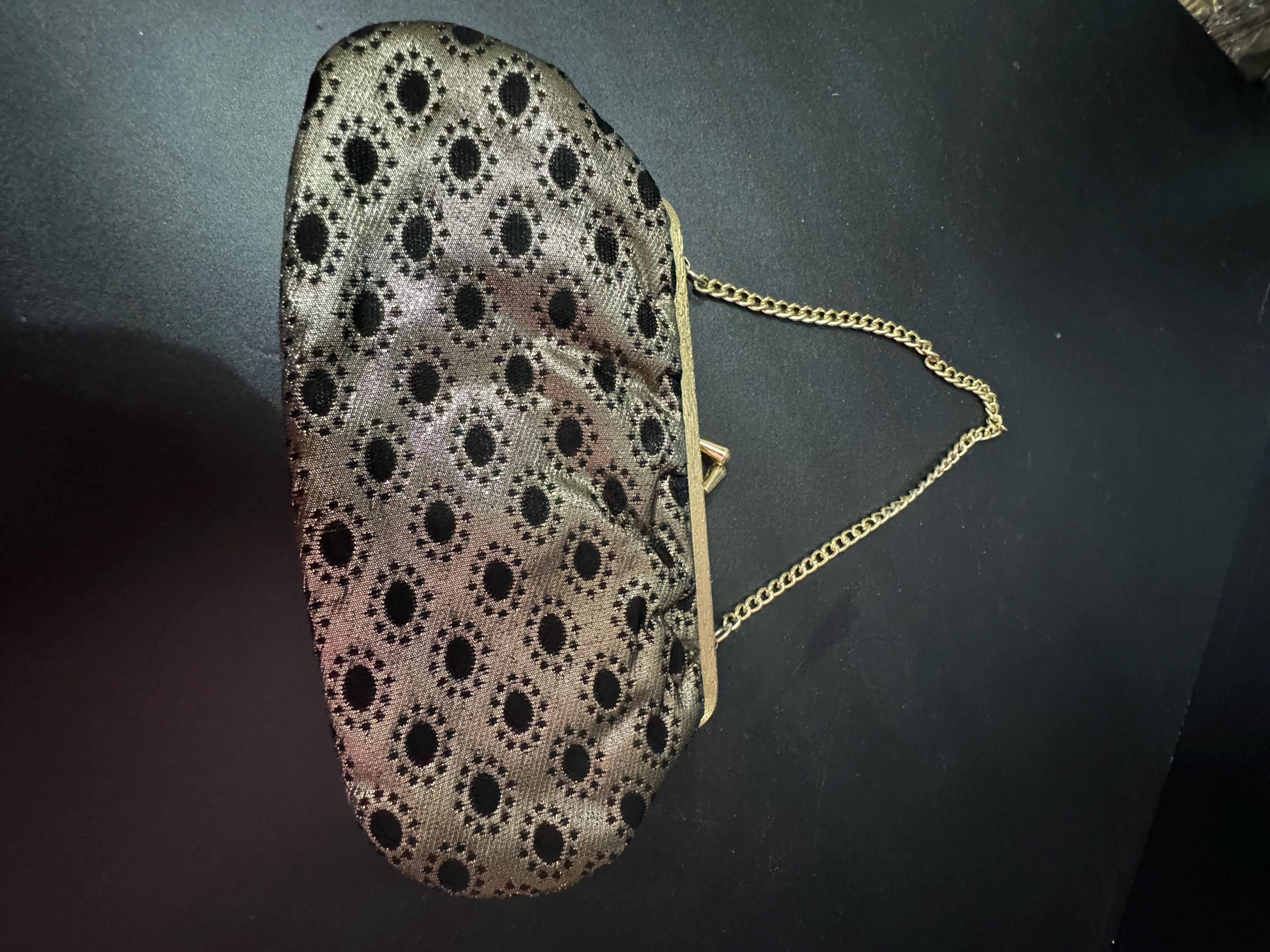 Vintage black and gold Lurex lame clutch Evening bag cosmetics chain Purse 1960s 1970s