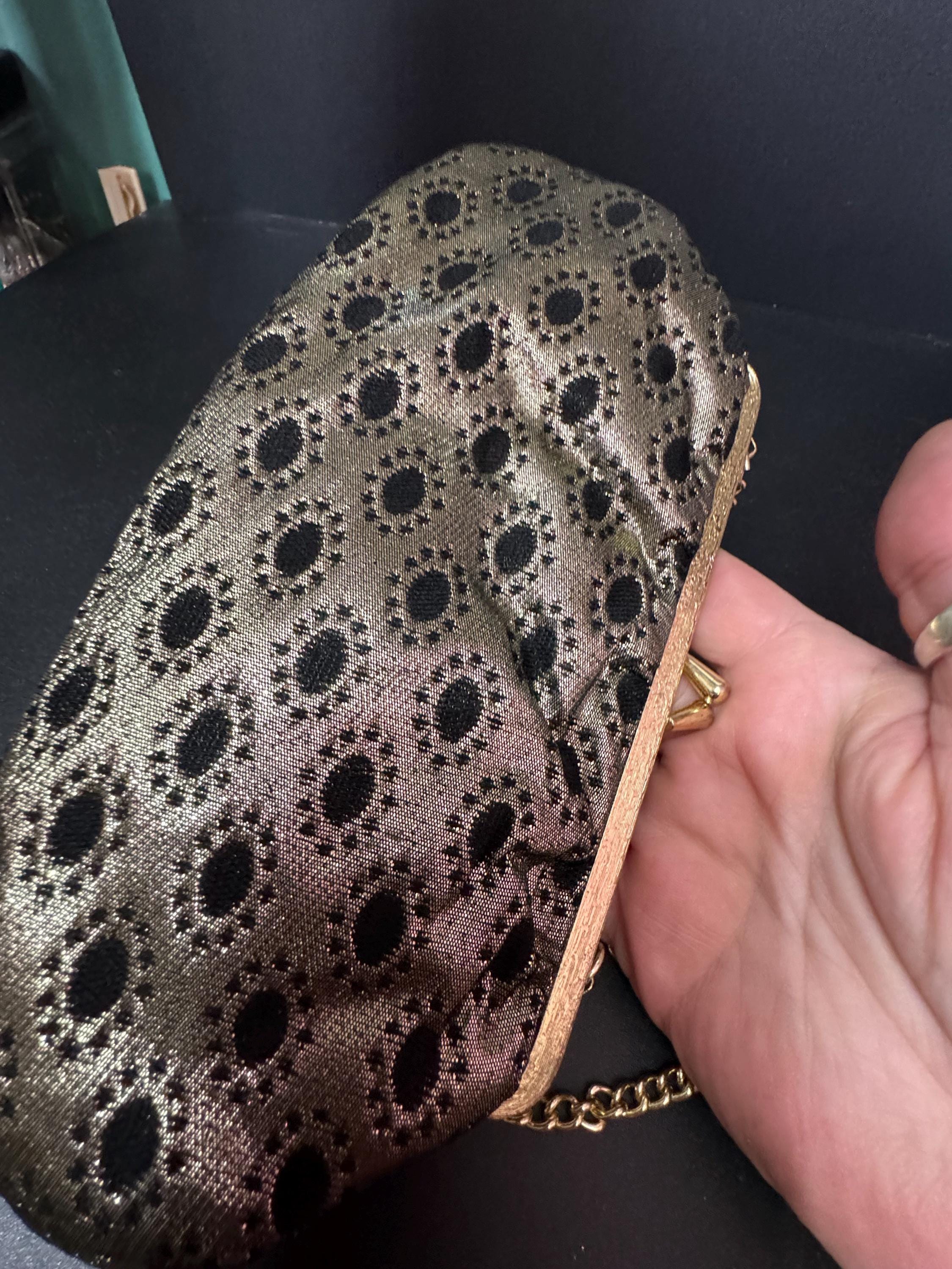 Vintage black and gold Lurex lame clutch Evening bag cosmetics chain Purse 1960s 1970s