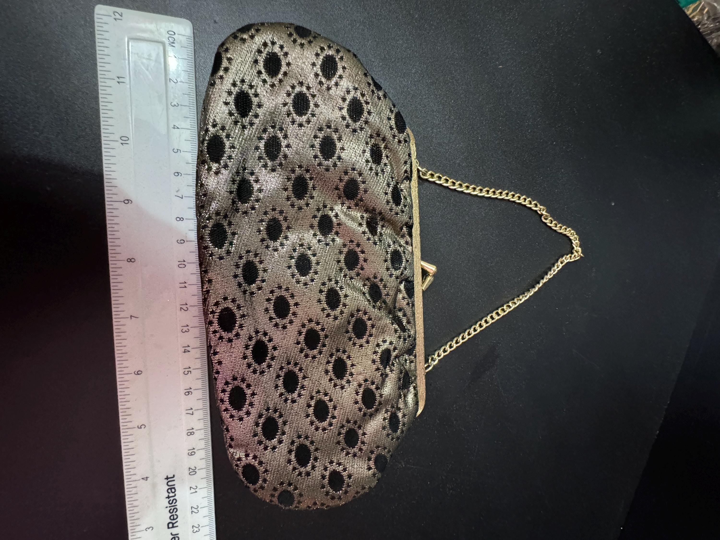 Vintage black and gold Lurex lame clutch Evening bag cosmetics chain Purse 1960s 1970s